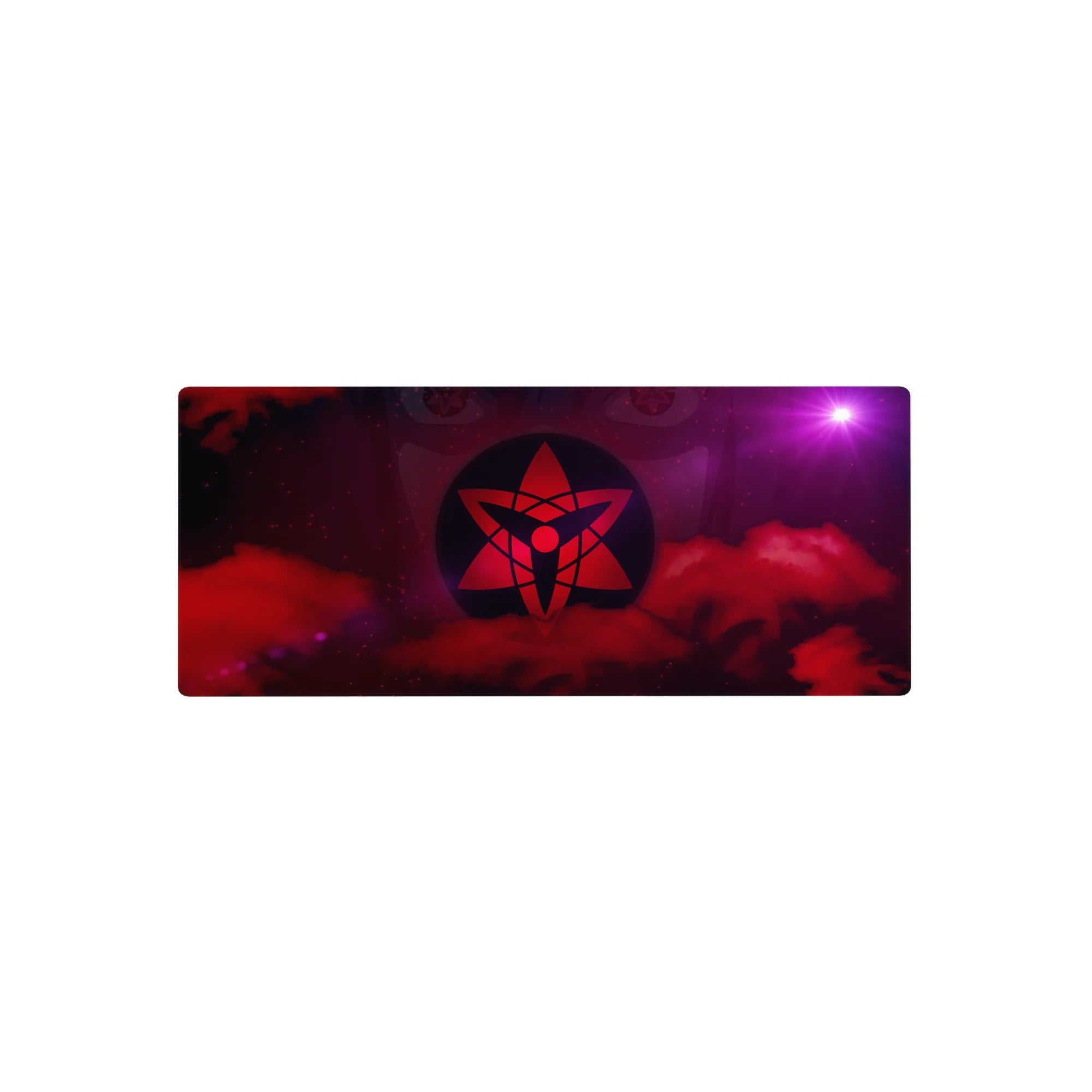 28x12 inches anime mouse pad with glowing red sigil crest in dark circle over smoky crimson clouds.