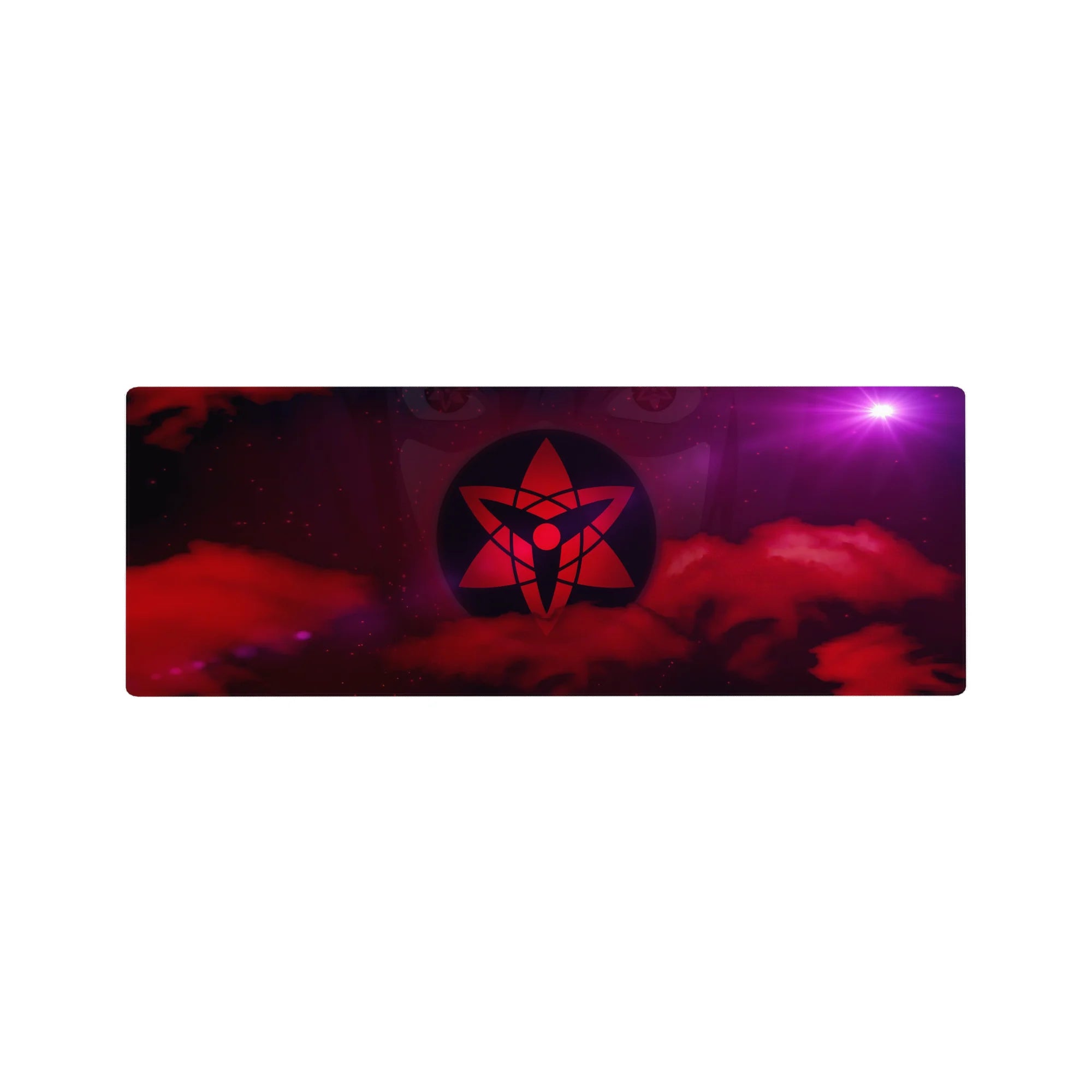 Anime mouse pad 32x12 inches with glowing red sigil crest in dark circle over smoky clouds and flare.
