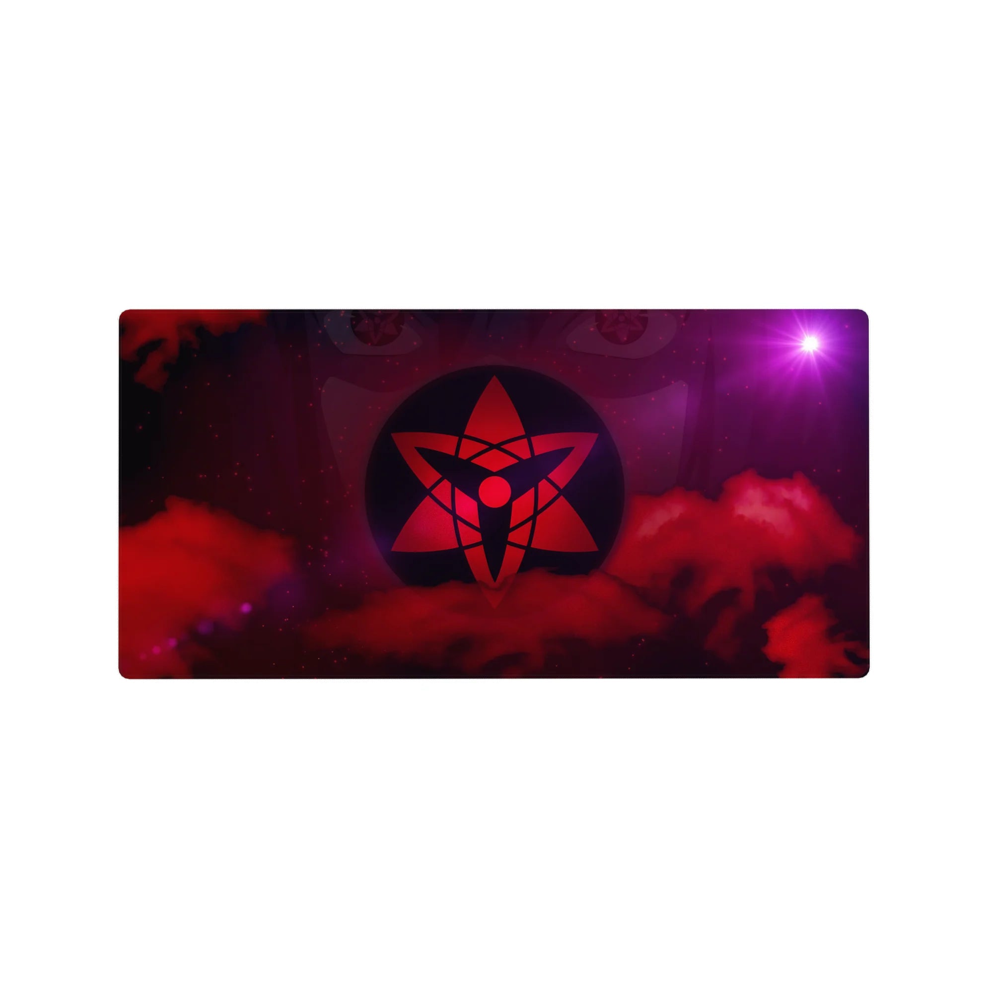 32x16 inches anime mouse pad with glowing red sigil crest in dark ring over smoky crimson clouds.