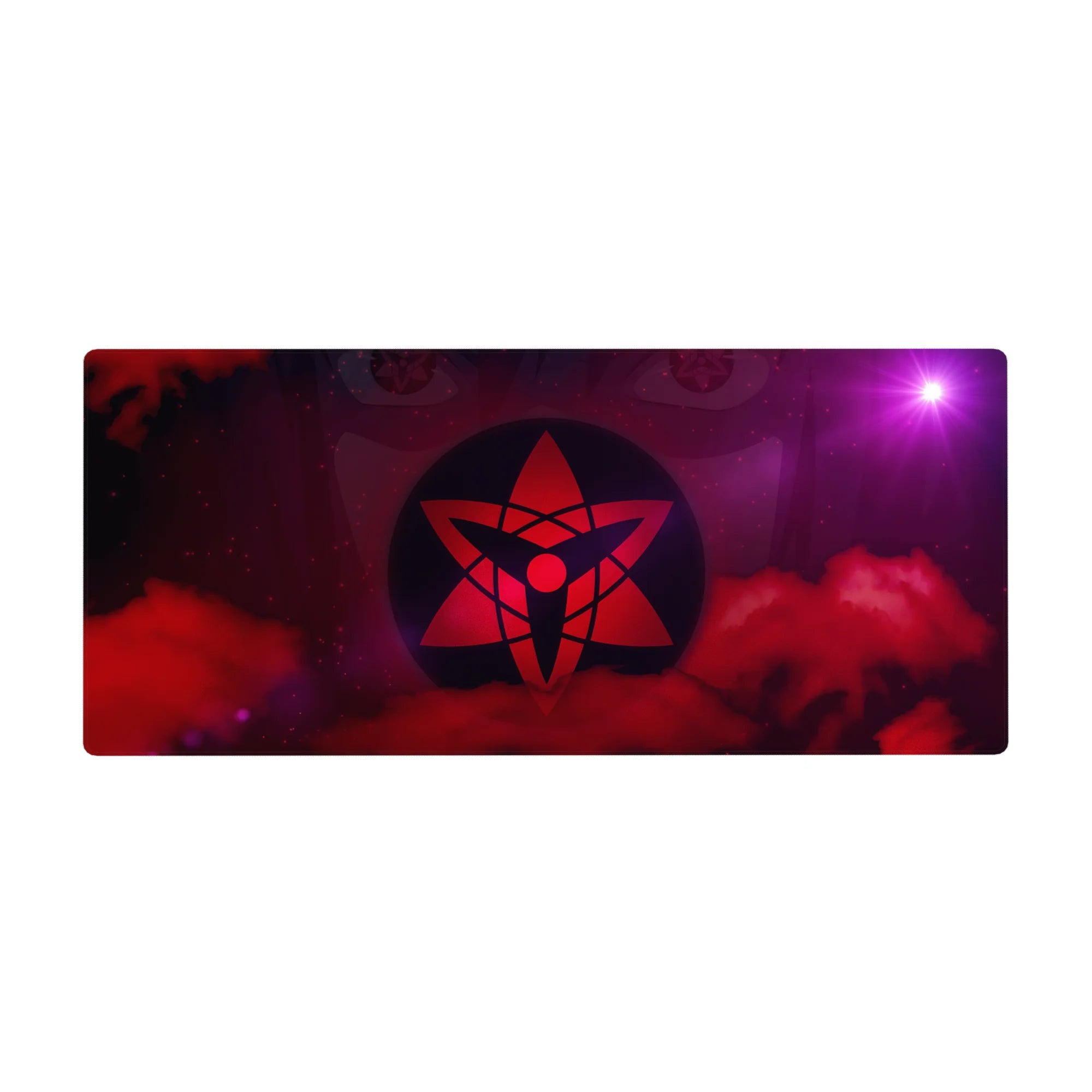 Anime desk pad 36x16 inches with glowing red sigil in dark circle over smoky crimson clouds.