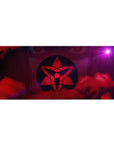 Anime desk pad 36x16 inches with glowing red sigil in dark circle over smoky crimson clouds.