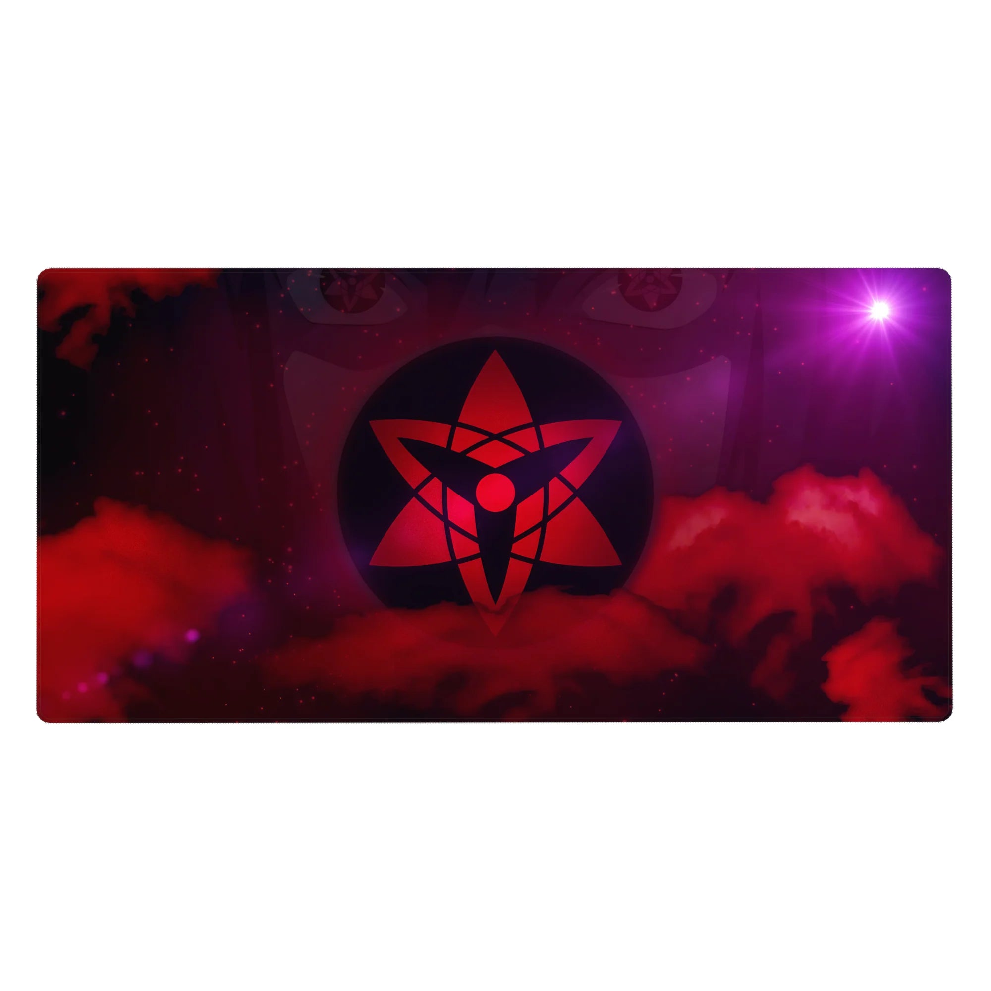 40x20 inches anime desk pad with glowing red sigil in dark circle over smoky crimson clouds and starburst flare.