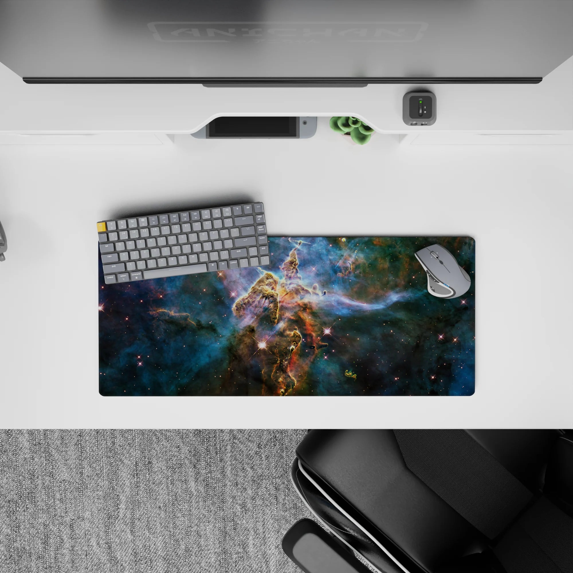 Teal and deep blue galaxy mouse pad 28x12 inches with smoky swirls, soft glow, calming vibe.