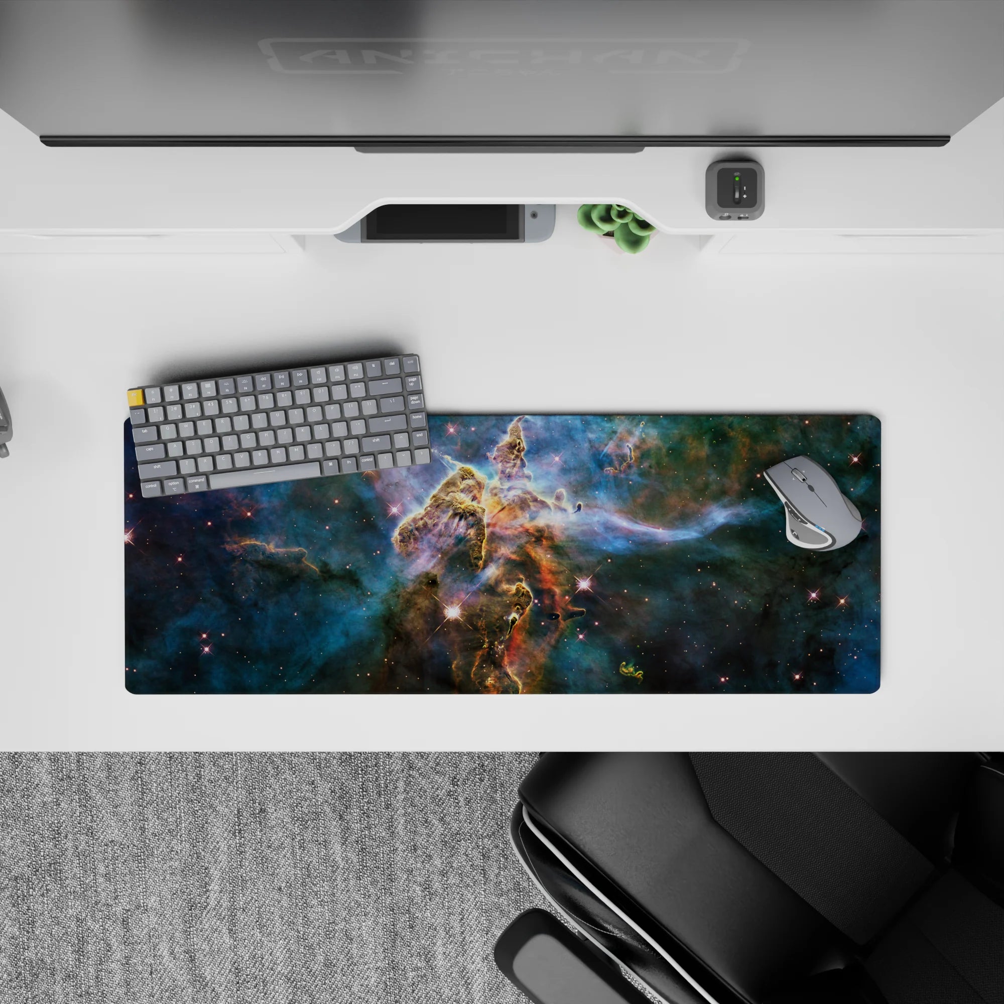 Moody teal-to-deep blue space mouse pad 32x12 inches with soft glows for a calming desk vibe.