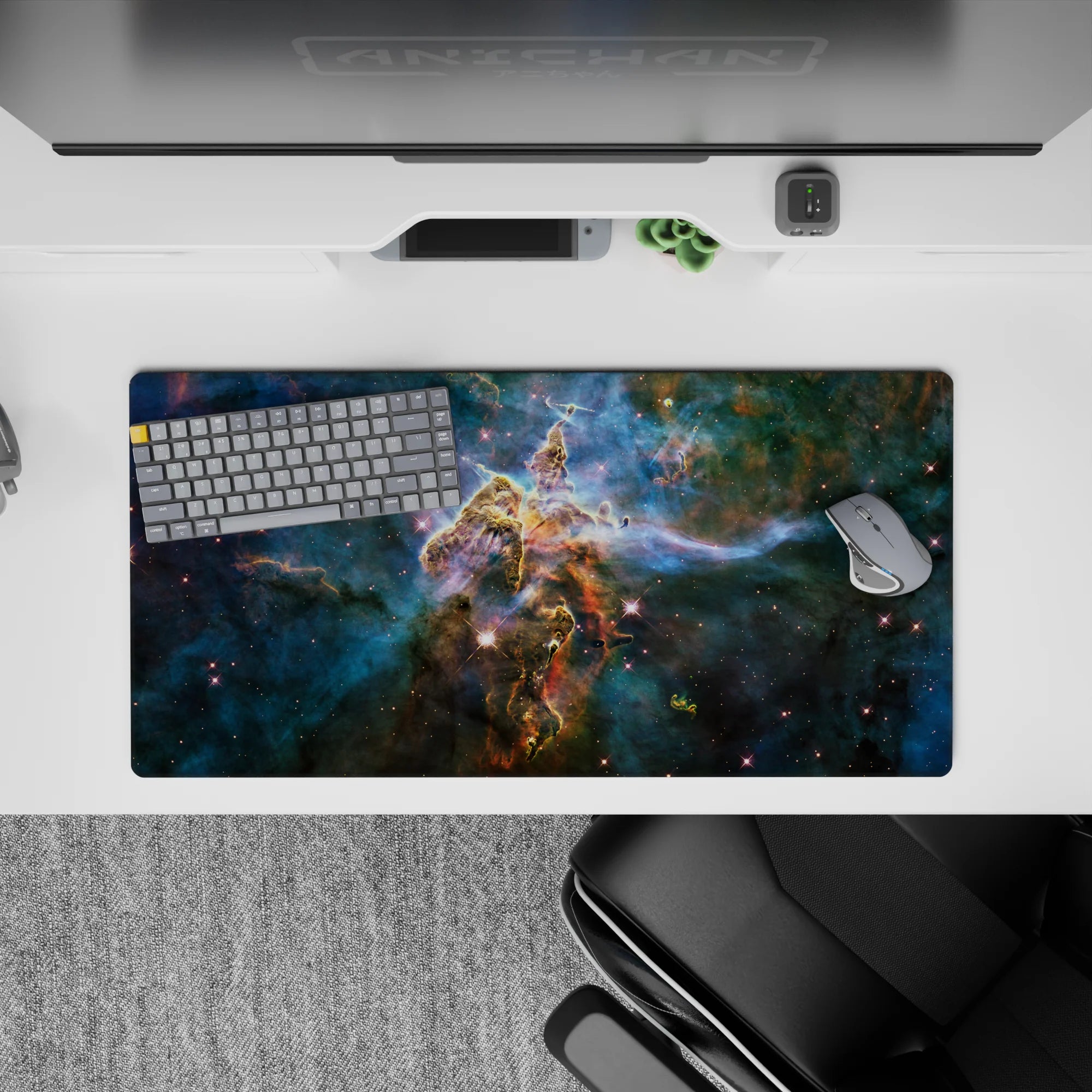 Calming teal and deep blue cosmic mouse pad 32x16 inches with smoky swirls and soft night glows.