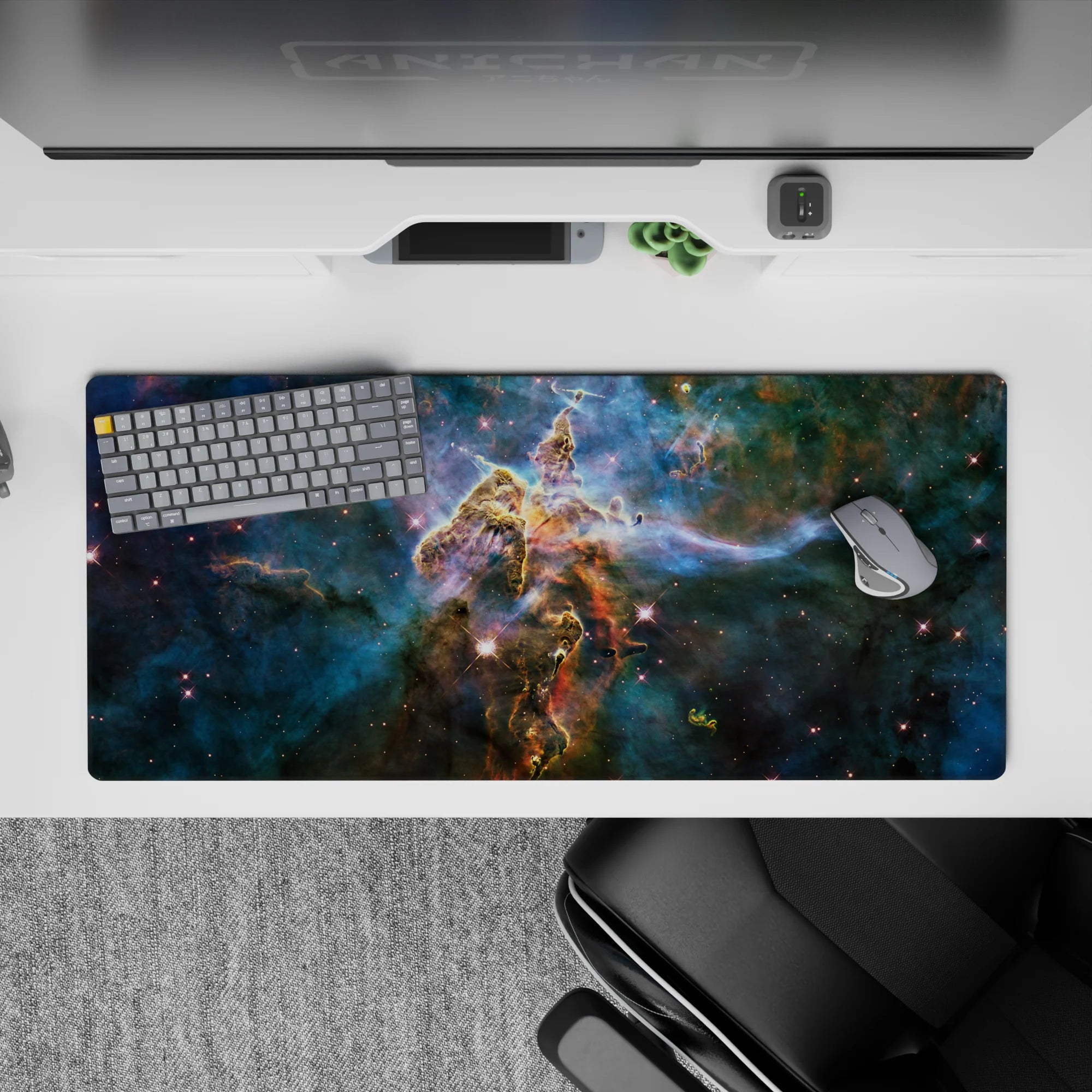 Teal and deep blue 36x16 inches desk pad with calming smoky swirls and soft night-sky glow.