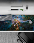 Teal and deep blue 36x16 inches desk pad with calming smoky swirls and soft night-sky glow.