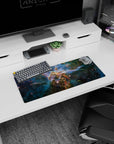 Mouse pad 28x12 inches featuring a bold central pillar of golden stardust in a starry nebula.