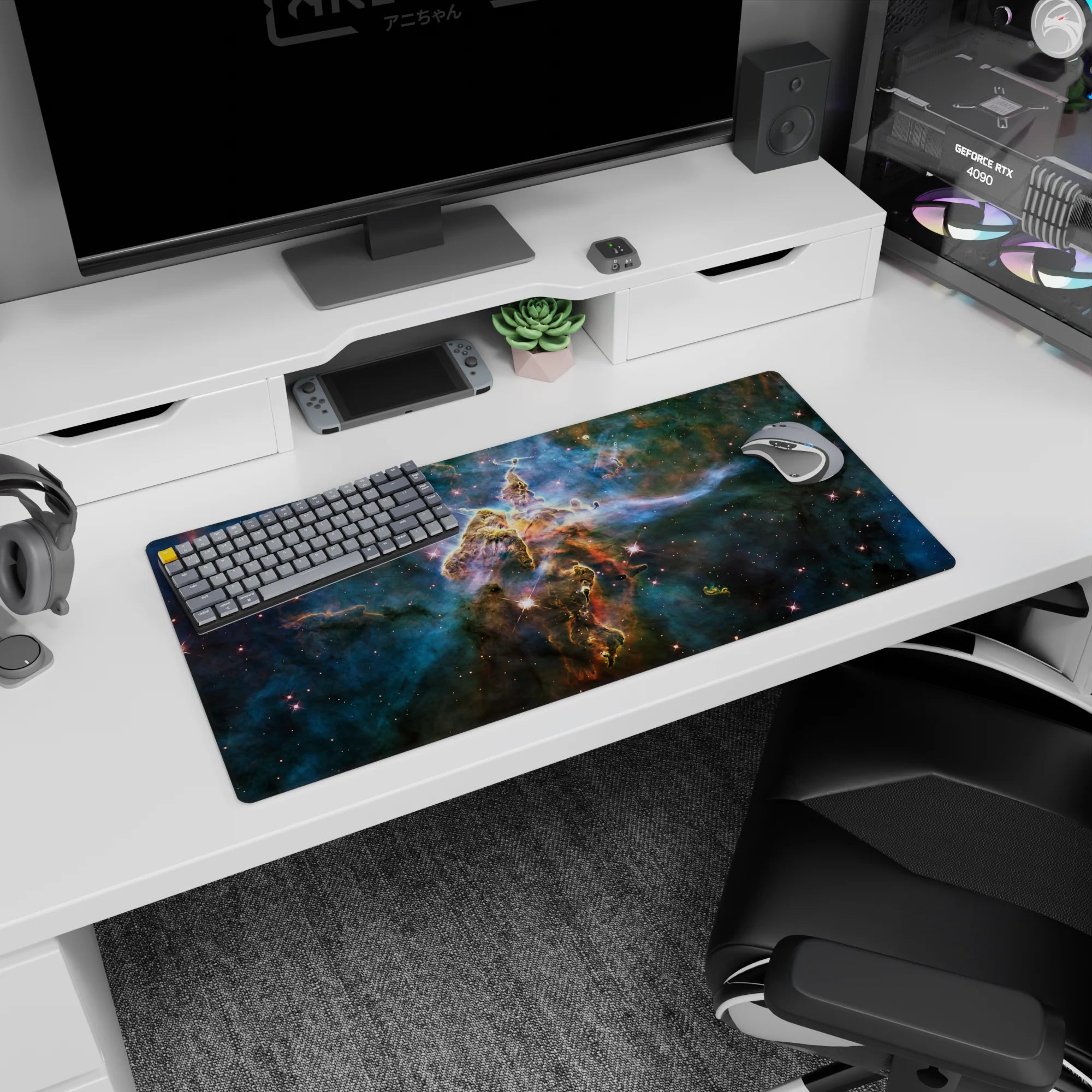Galaxy scene mouse pad 32x16 inches featuring a central pillar of golden dust amid stars and mist.