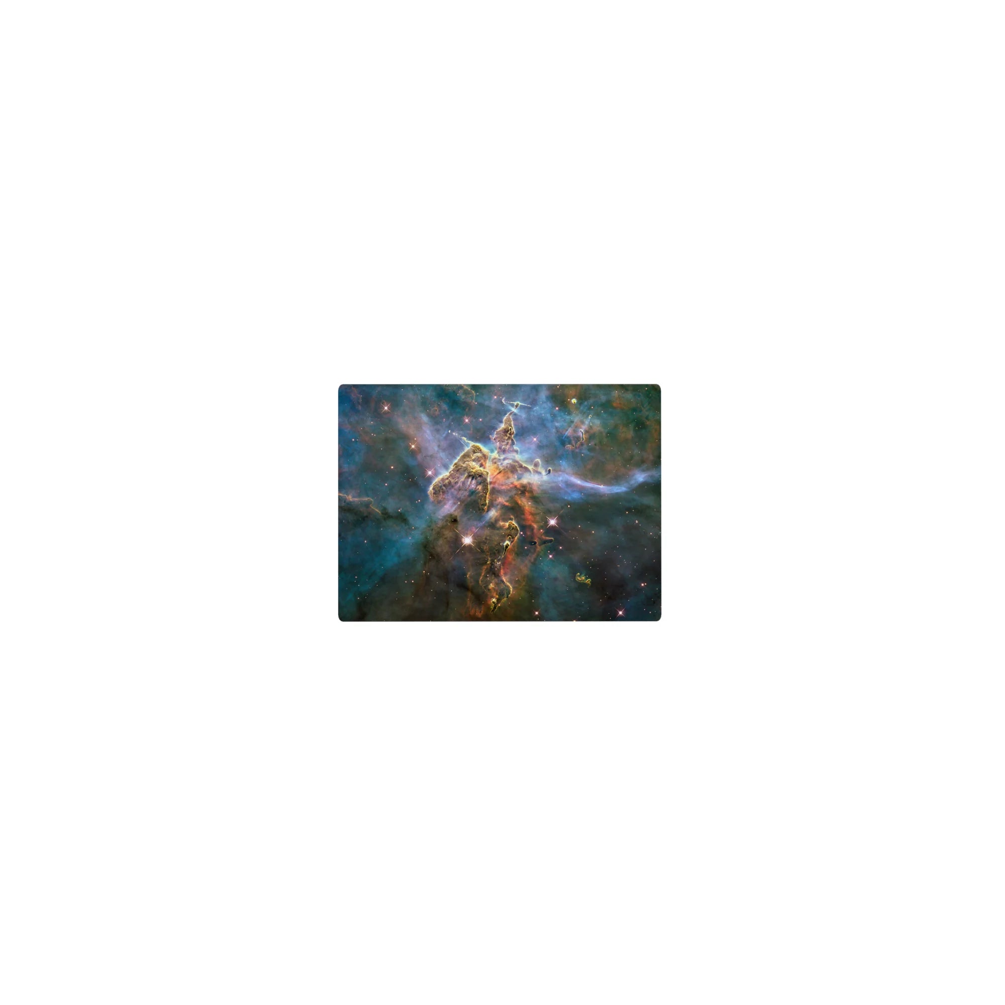 Classic 14x10 inches mouse pad with dreamy nebula clouds, star specks, and central golden dust pillar.