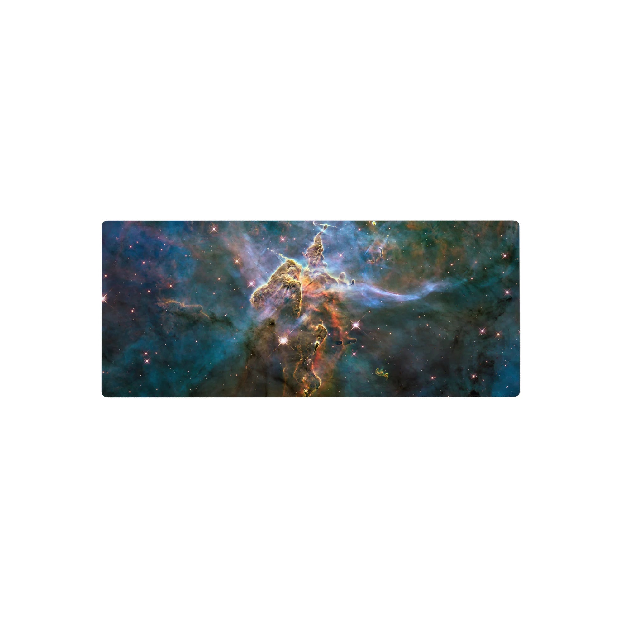 Cosmic nebula desk mouse pad 28x12 inches with teal clouds, inky blues, and starry specks.