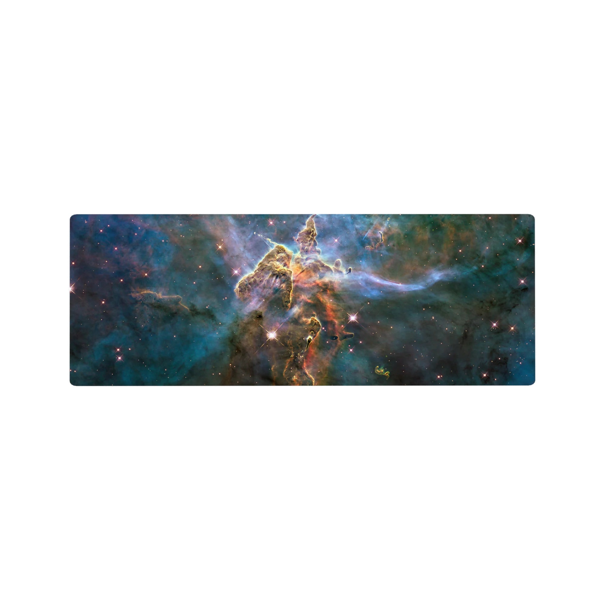 Cosmic nebula desk mouse pad 32x12 inches with teal clouds, inky blue swirls, and star sparks.