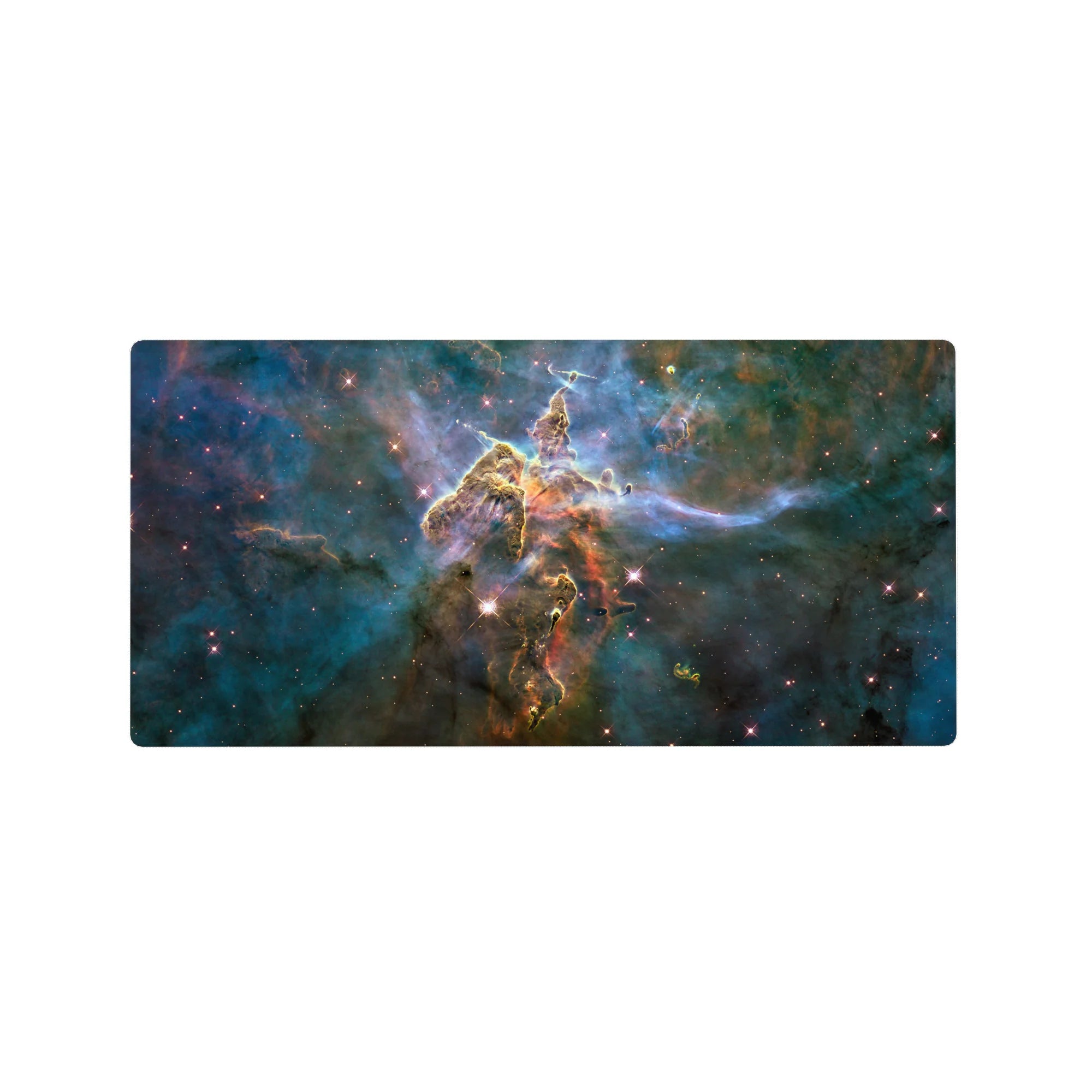 Nebula galaxy desk mouse pad 32x16 inches with teal clouds, inky blues, and starry spark details.