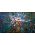 Nebula galaxy desk pad 40x20 inches with smoky swirls, star sparks, and a central golden dust pillar.