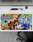 KonoSuba anime mouse pad 32x16 inches featuring Kazuma, Aqua, Darkness, and Megumin in a vivid, energetic scene.