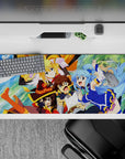 KonoSuba anime desk pad 36x16 inches showing Kazuma, Aqua, Darkness, and Megumin in vibrant motion, adding humor to your setup.