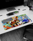 KonoSuba anime mouse pad 32x16 inches featuring Kazuma, Aqua, Darkness, and Megumin in a vibrant, chaotic scene.