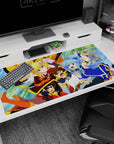 KonoSuba anime desk pad 40x20 inches featuring Kazuma, Aqua, Darkness, and Megumin in vivid colors, capturing chaotic fun.