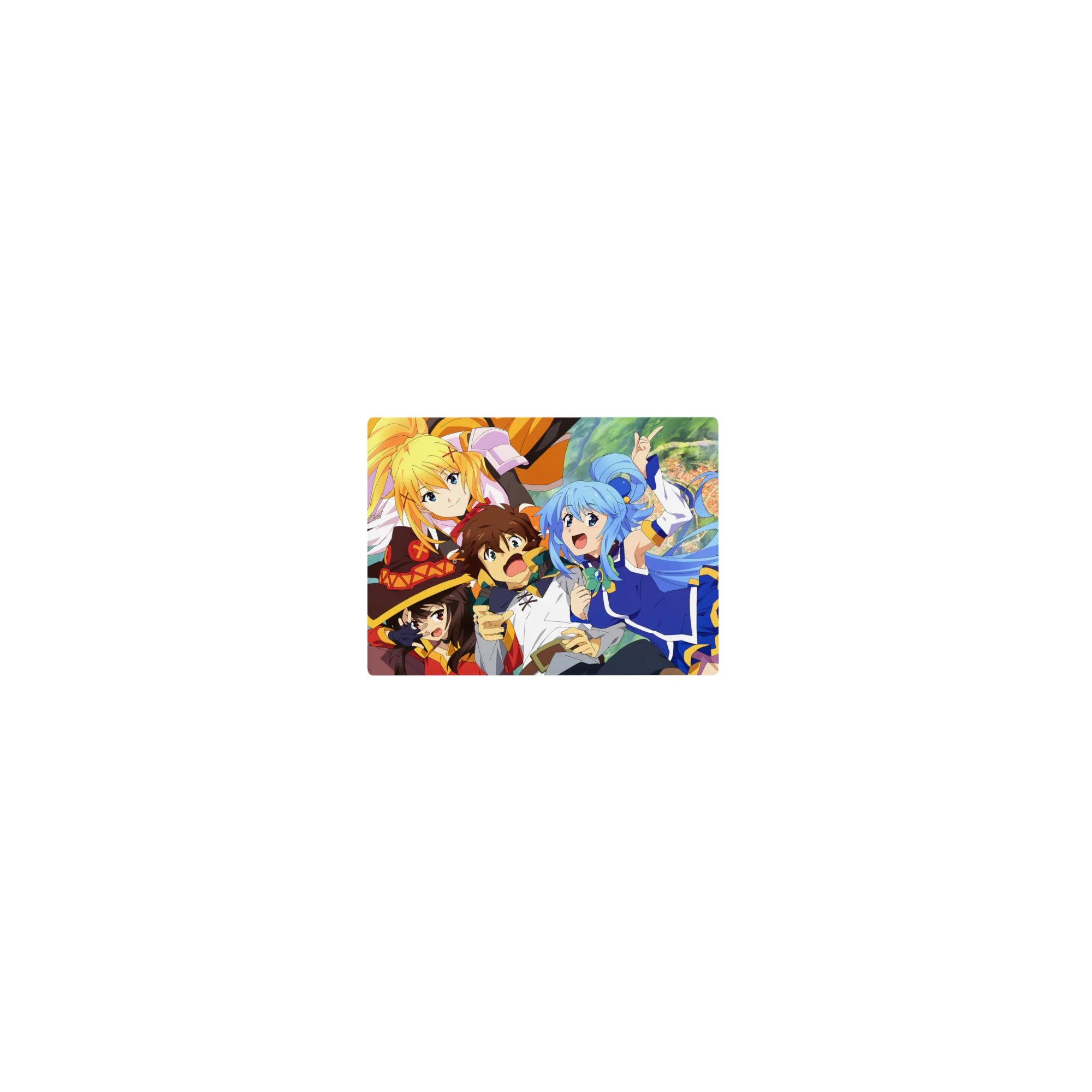 KonoSuba anime mouse pad, 14x10 inches, featuring Kazuma, Aqua, Darkness, and Megumin in vibrant action and colors.