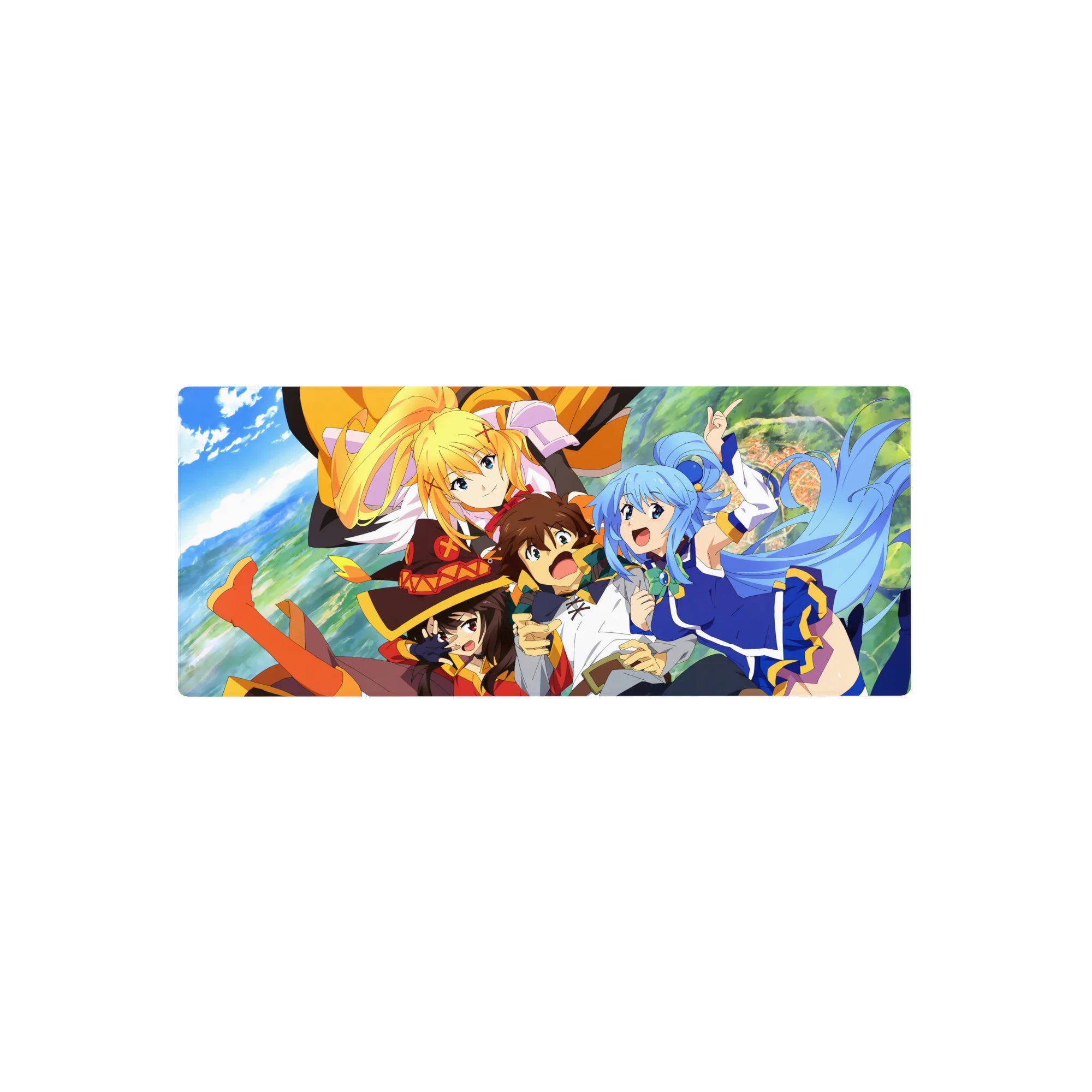 KonoSuba anime mouse pad 28x12 inches featuring Kazuma, Aqua, Darkness, and Megumin in vivid colors and dynamic poses.