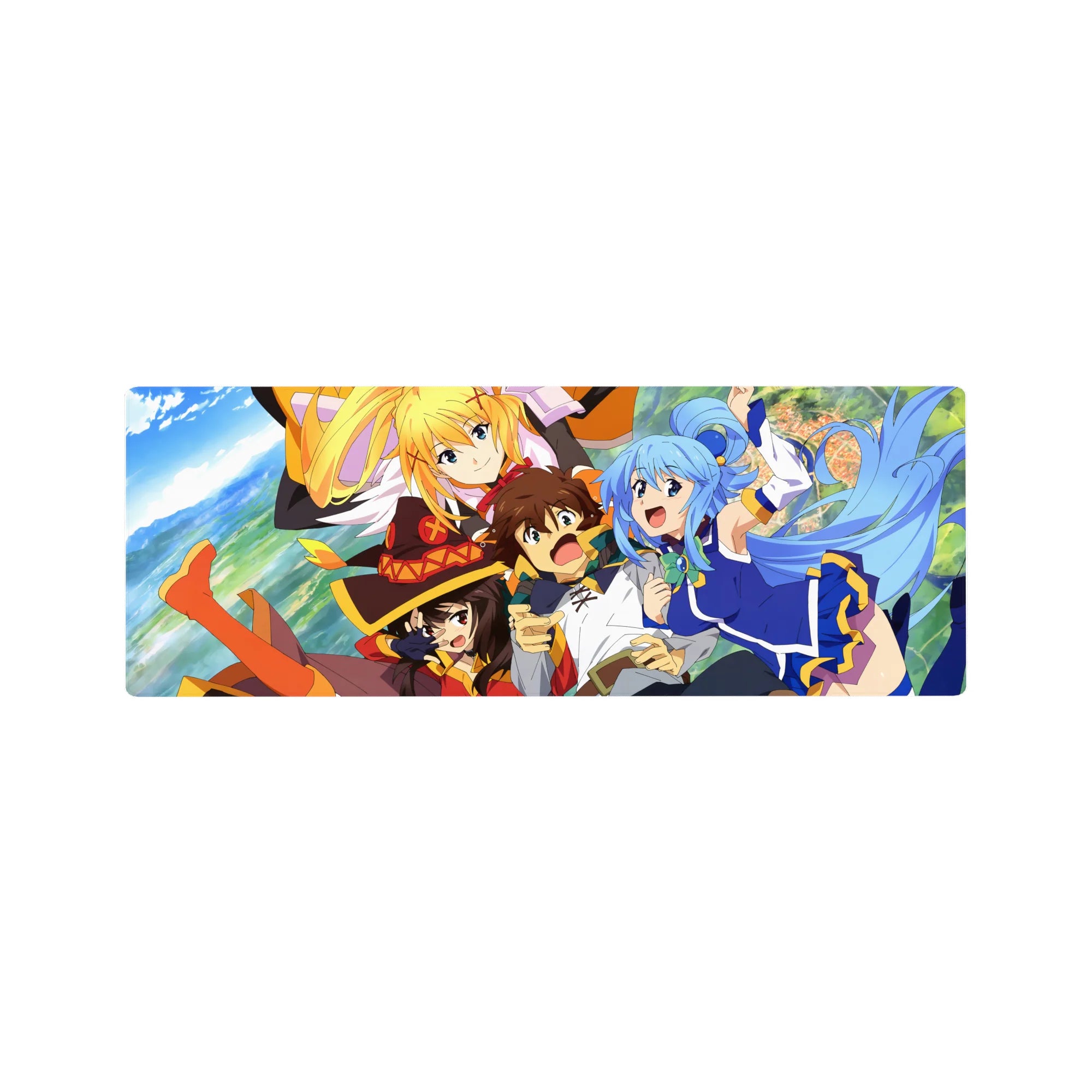 KonoSuba anime mouse pad 32x12 inches featuring Kazuma, Aqua, Darkness, and Megumin in vivid colors and dynamic poses.
