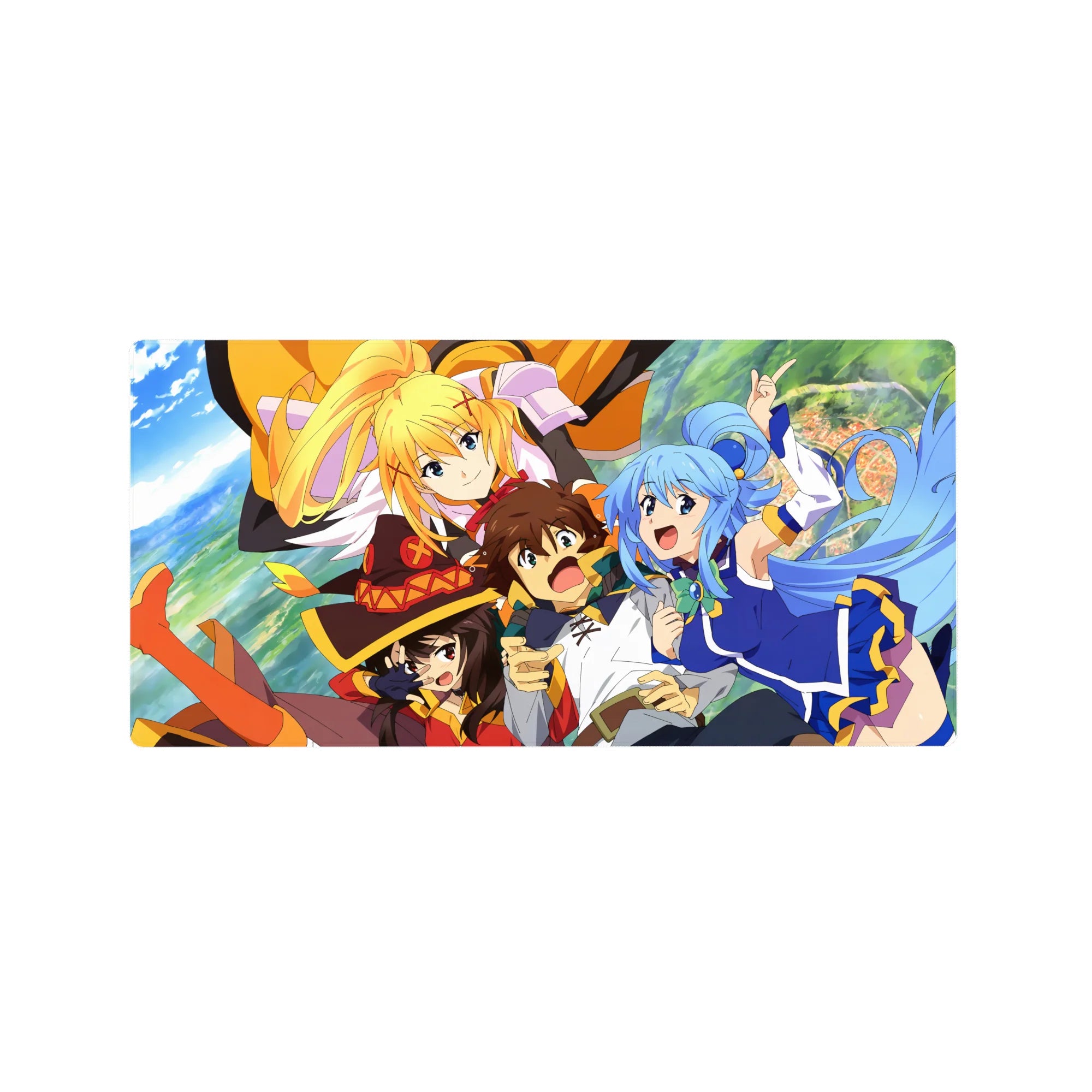 KonoSuba anime mouse pad 32x16 inches featuring Kazuma, Aqua, Darkness, and Megumin in an energetic and colorful scene.
