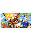 KonoSuba anime mouse pad 32x16 inches featuring Kazuma, Aqua, Darkness, and Megumin in an energetic and colorful scene.
