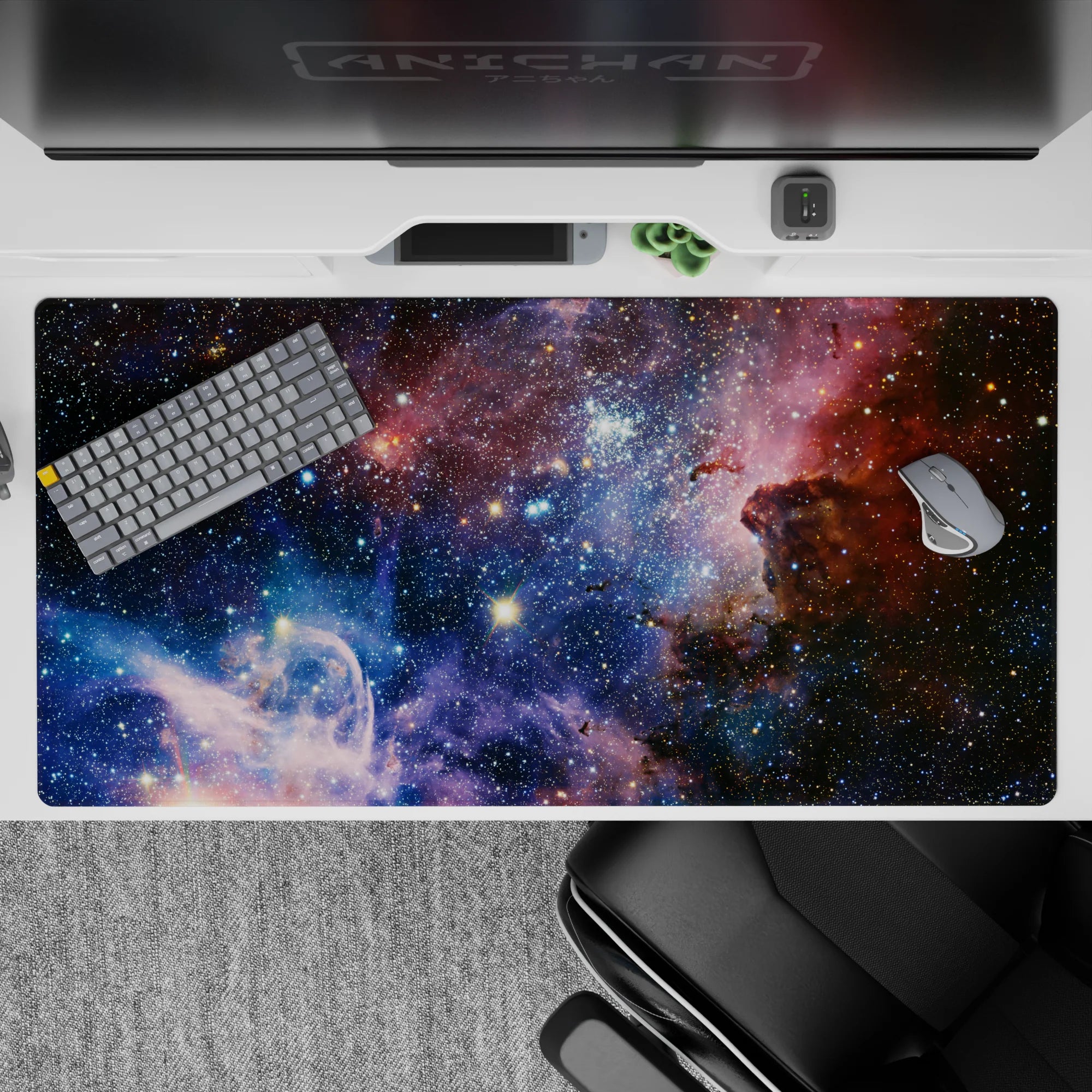 Navy and violet haze with blush pink stars desk pad, 40x20 inches, dreamy night-sky mood.