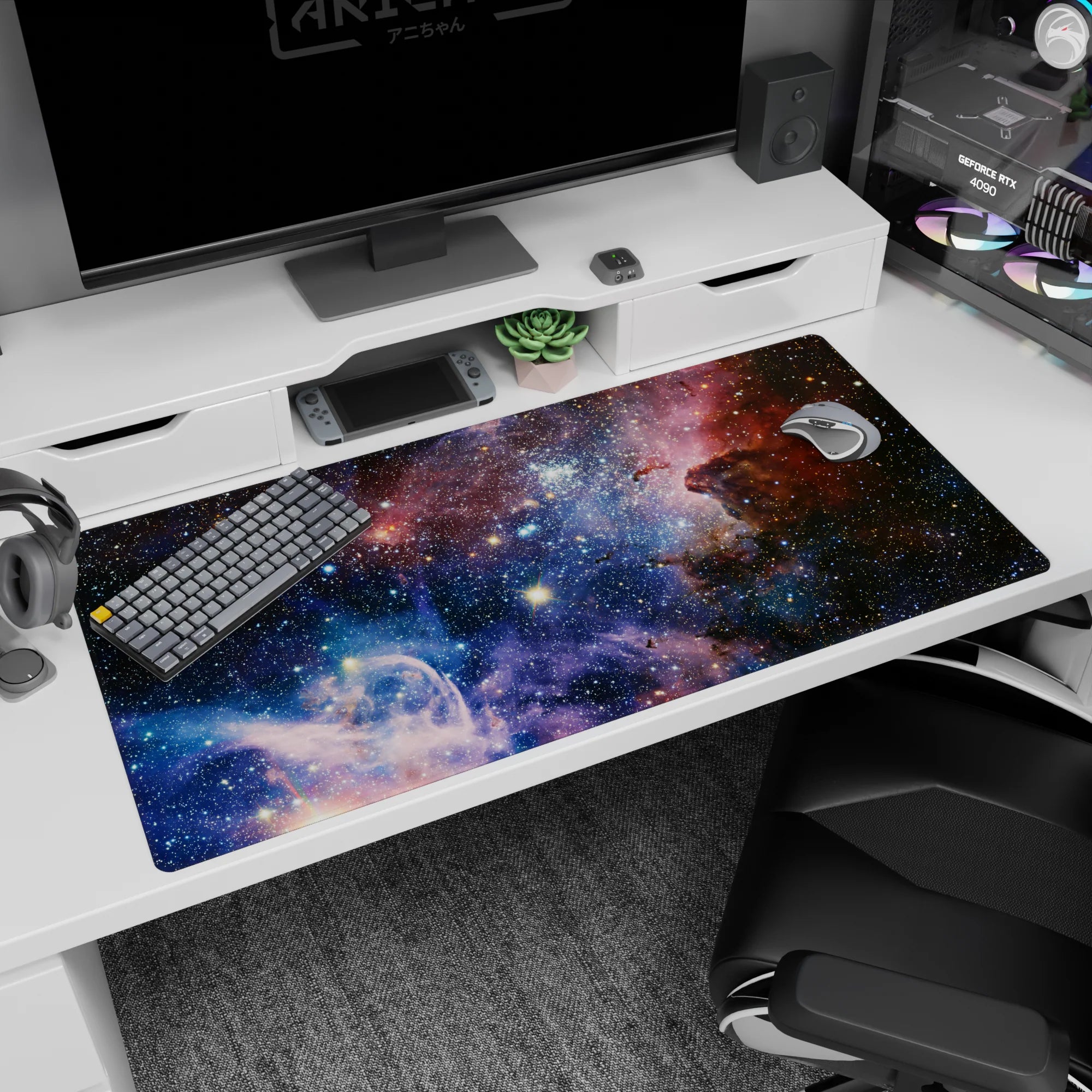 Swirling deep-space nebula with sharp star specks desk pad, 40x20 inches, expands your desktop.