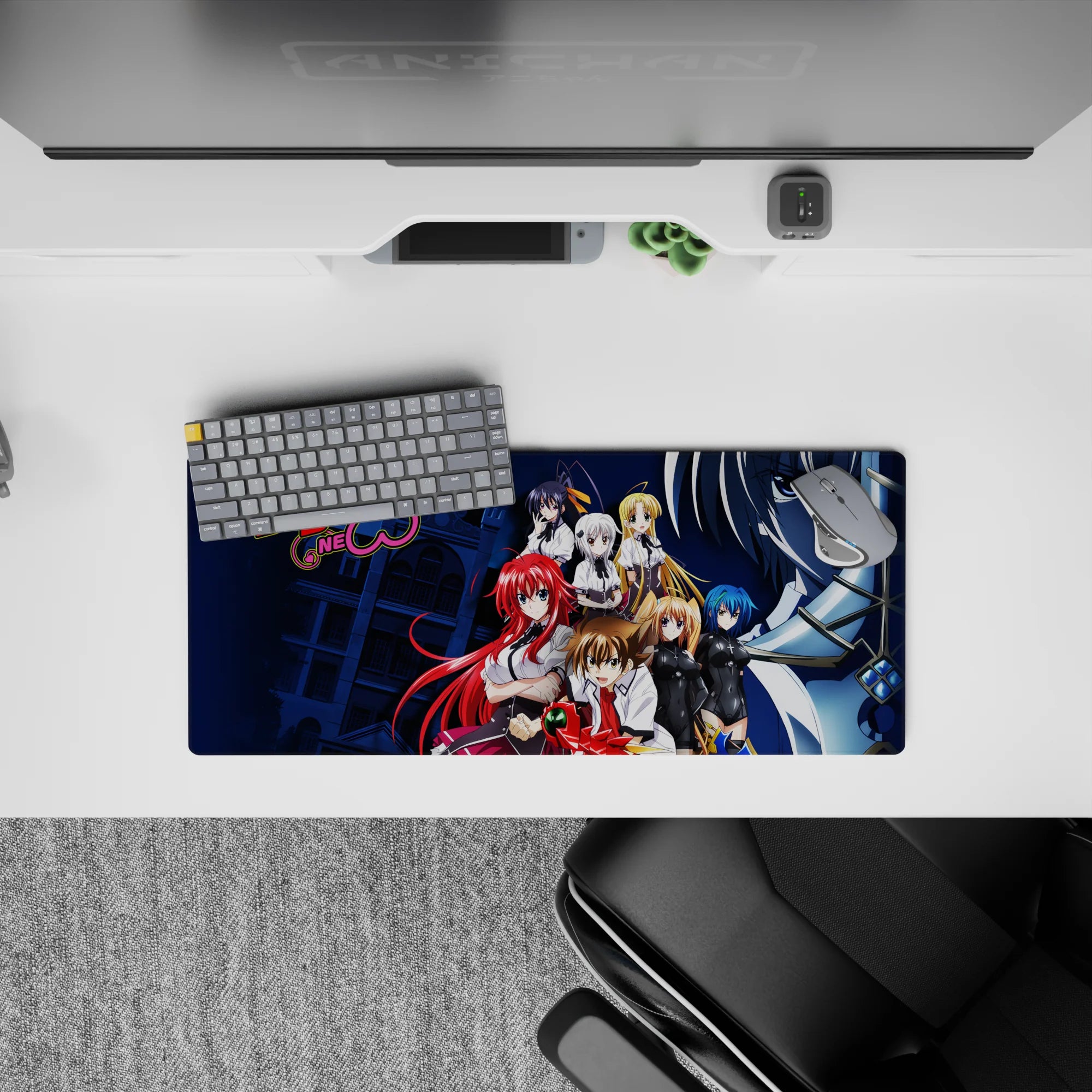 High School DxD mouse pad 28x12 inches featuring Rias, Akeno, Koneko, Asia, Xenovia, Irina, and Issei with Boosted Gear.