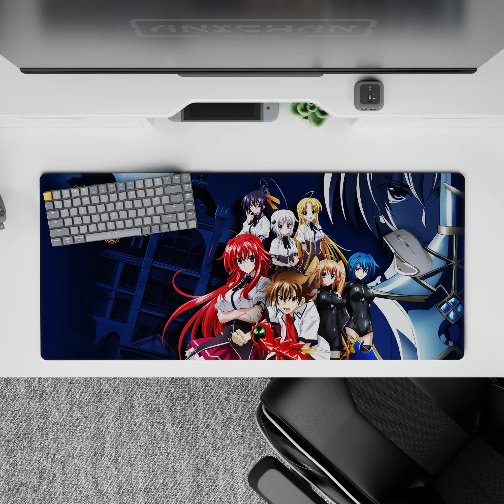 High School DxD desk pad 36x16 inches featuring Rias, Akeno, Koneko, Asia, Xenovia, Irina, and Issei with Boosted Gear.