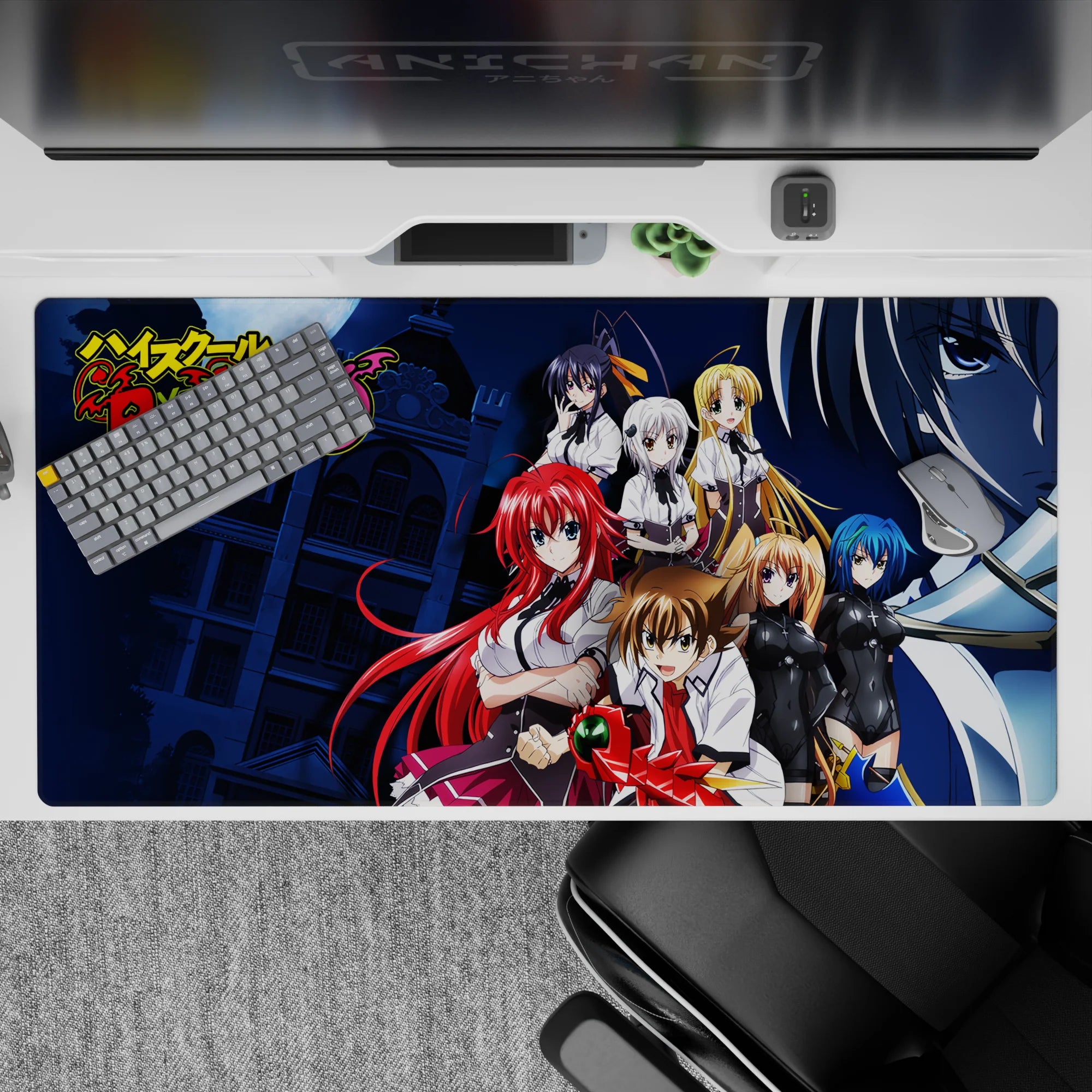 High School DxD desk pad, 40x20 inches, featuring Rias, Akeno, Koneko, Asia, Xenovia, Irina, and Issei with Boosted Gear.