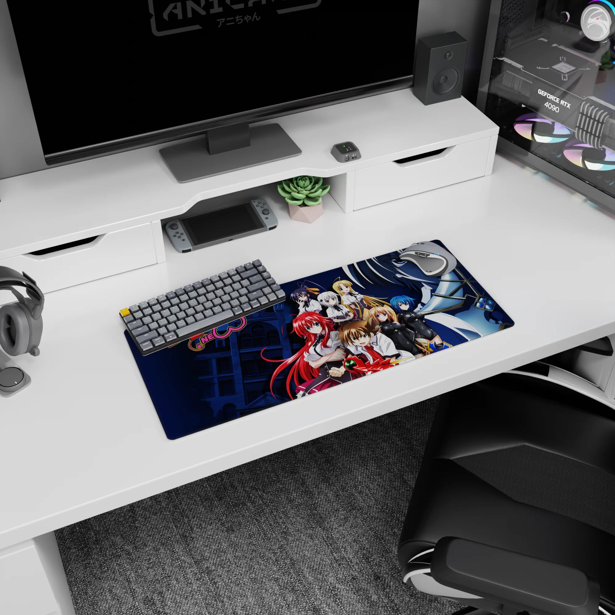 High School DxD anime mouse pad 28x12 inches featuring Rias, Akeno, and Issei with Boosted Gear in moonlit academy.