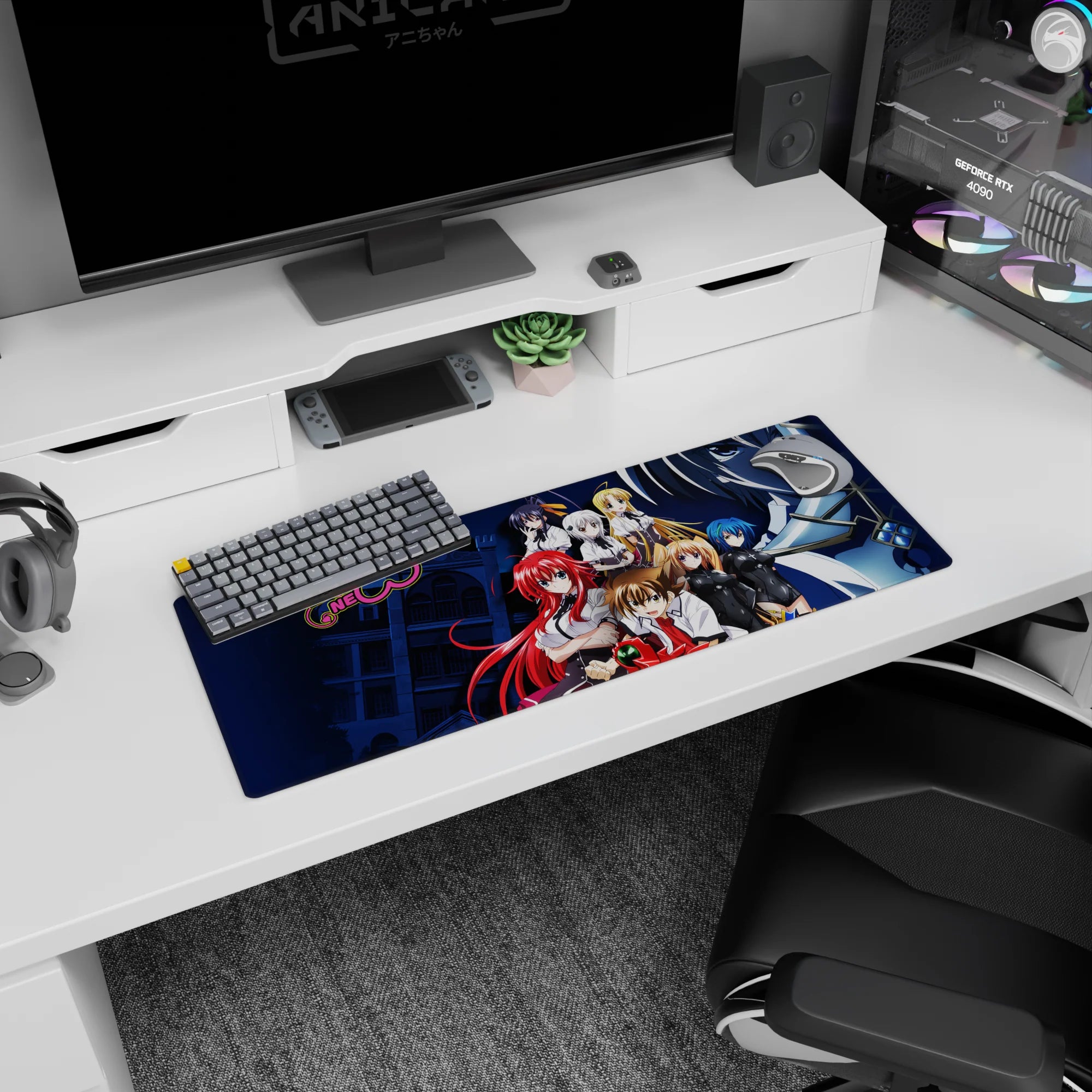 High School DxD mouse pad 32x12 inches featuring Rias, Akeno, Issei, and others set against a moonlit academy scene.