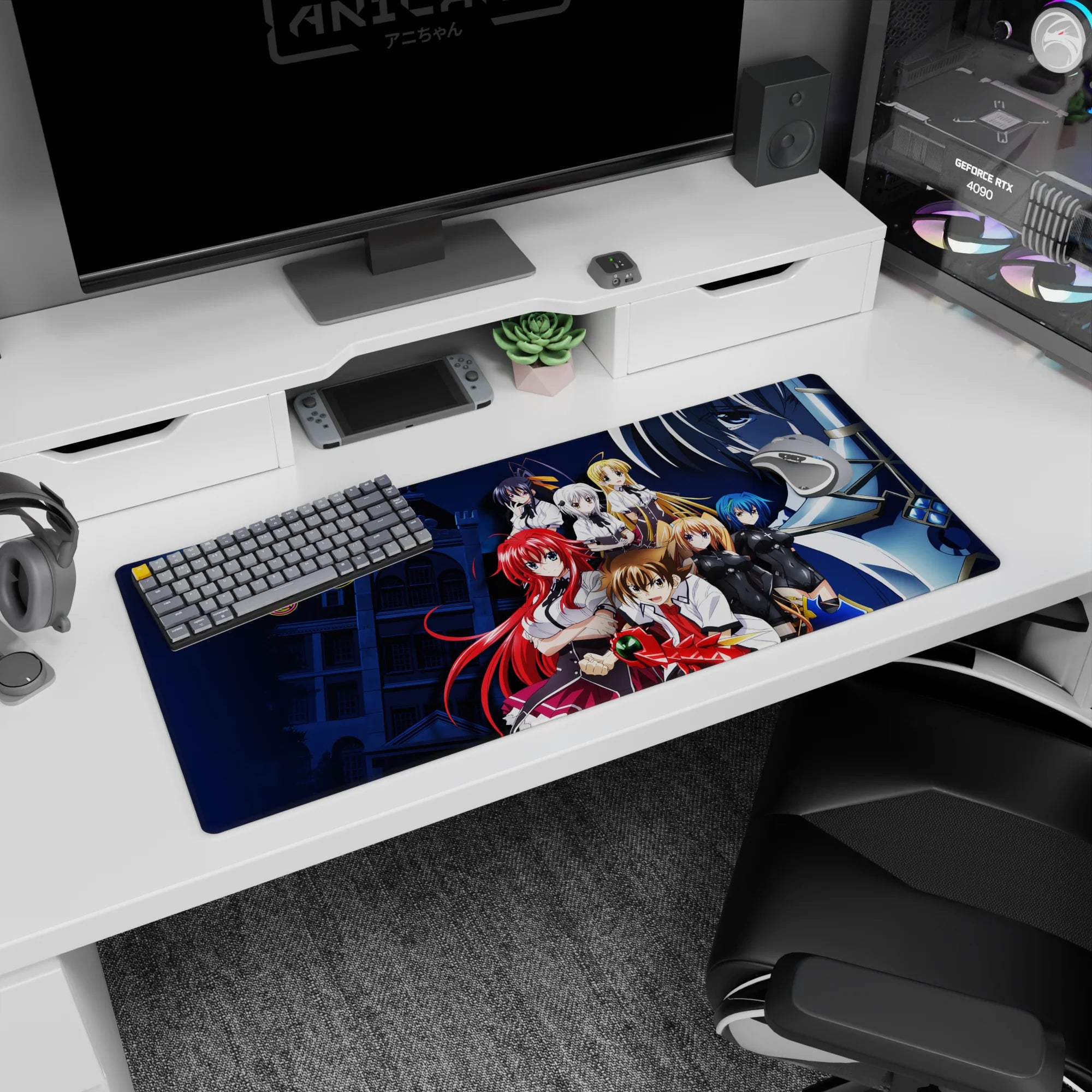 High School DxD desk pad featuring Rias, Akeno, Issei, and more in a 36x16 inch moonlit academy scene, vibrant and dynamic.