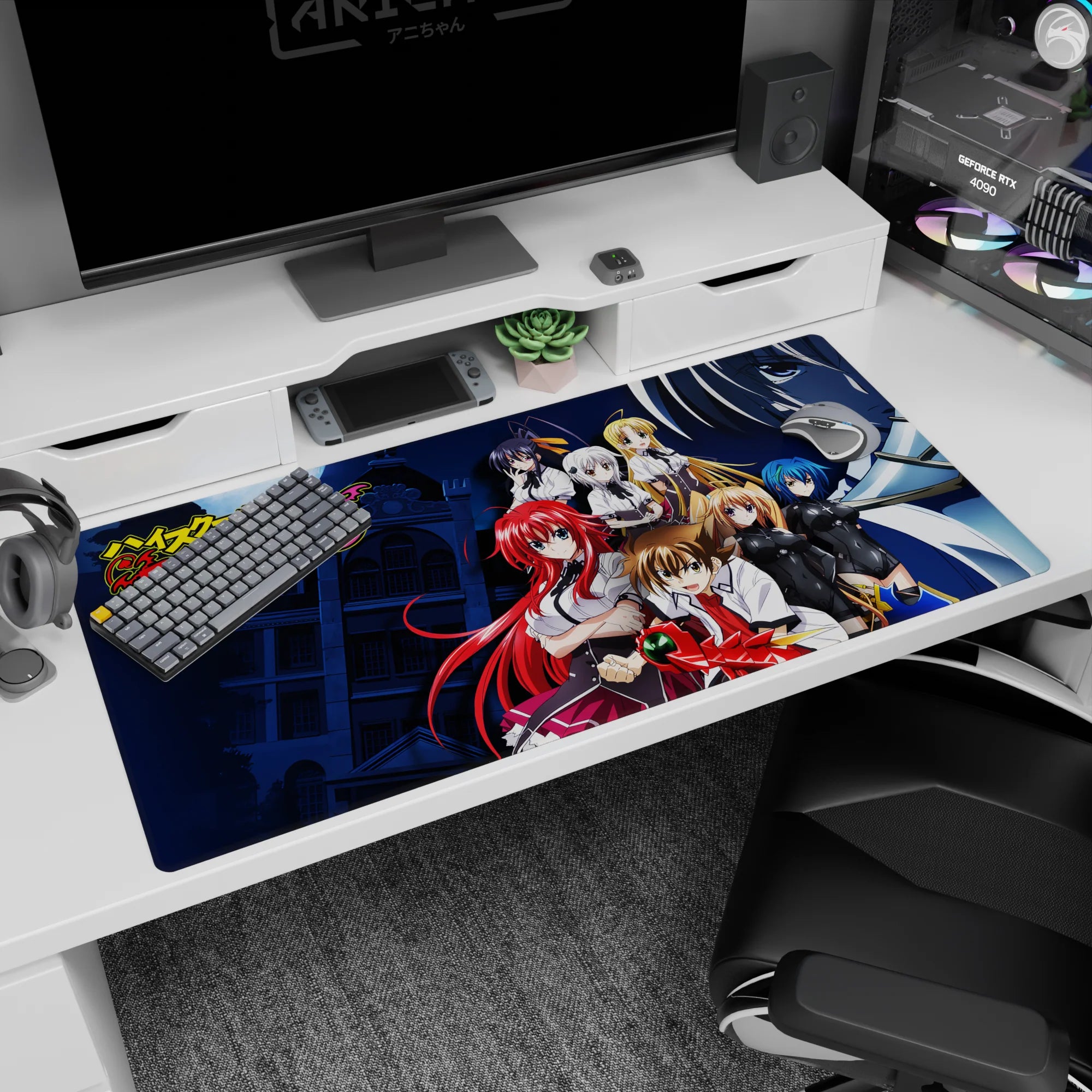 High School DxD desk pad 40x20 inches featuring Rias, Akeno, Koneko, Asia, Xenovia, Irina, and Issei with Boosted Gear.