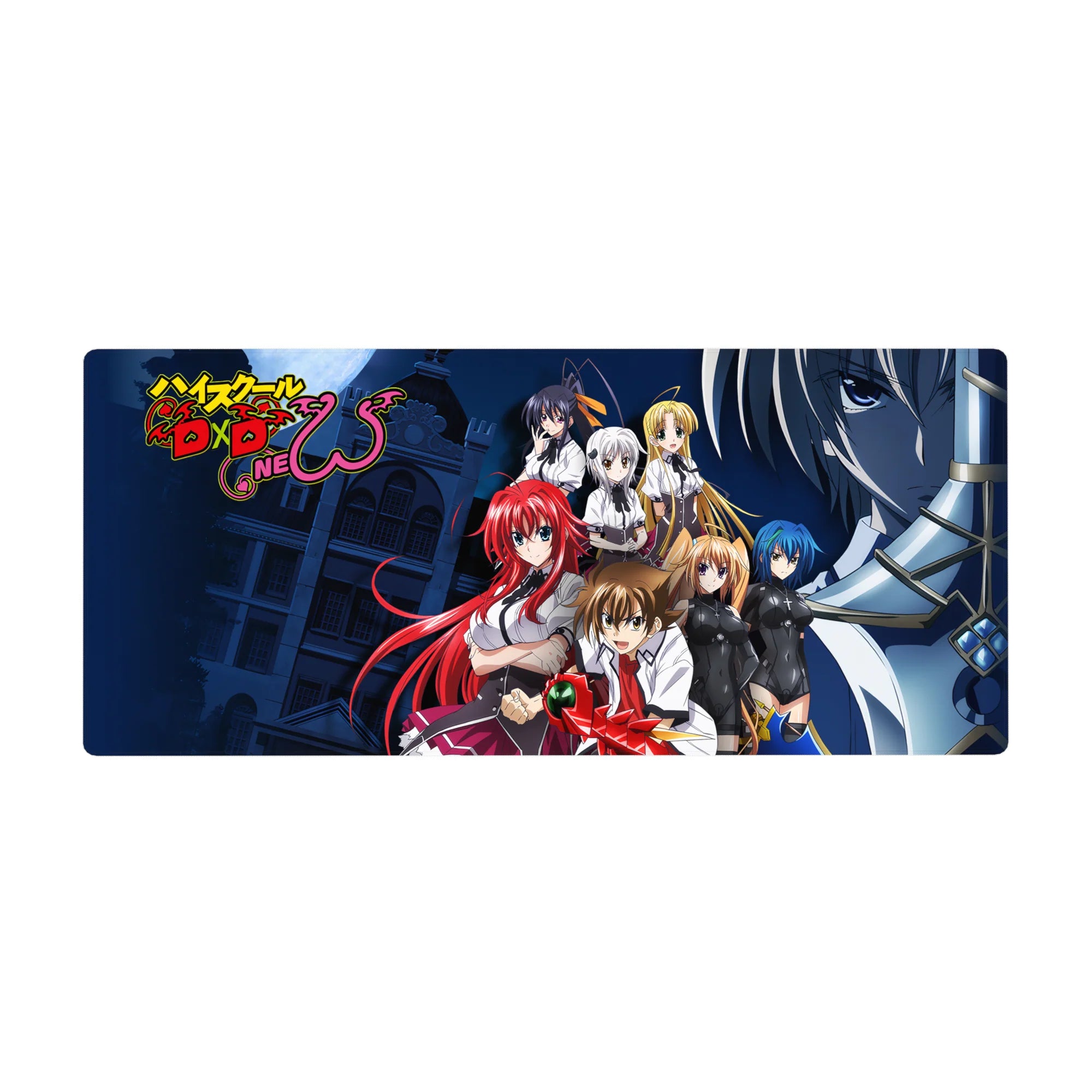 High School DxD desk pad 36x16 inches featuring Rias, Akeno, Koneko, Asia, Xenovia, Irina, and Issei with Boosted Gear.