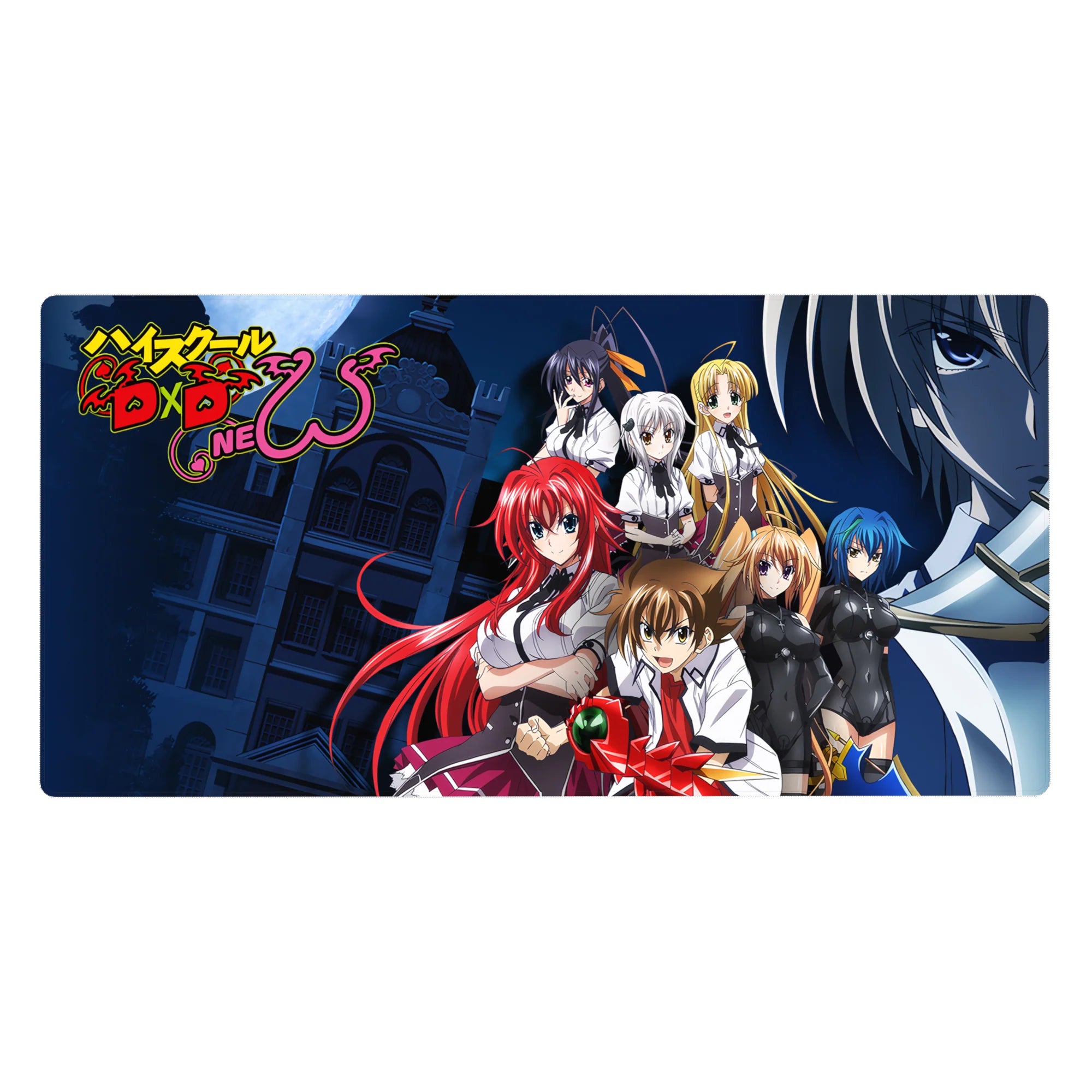 High School DxD desk pad 40x20 inches featuring Rias, Akeno, Koneko, Asia, Xenovia, Irina, and Issei with Boosted Gear.