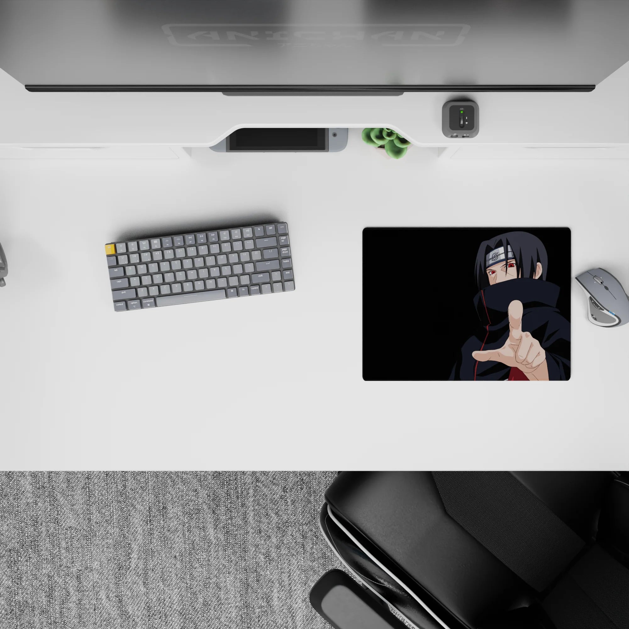 Dark, moody anime mouse pad 14x10 inches in deep blacks with crisp red Akatsuki accents and sharp eyes.