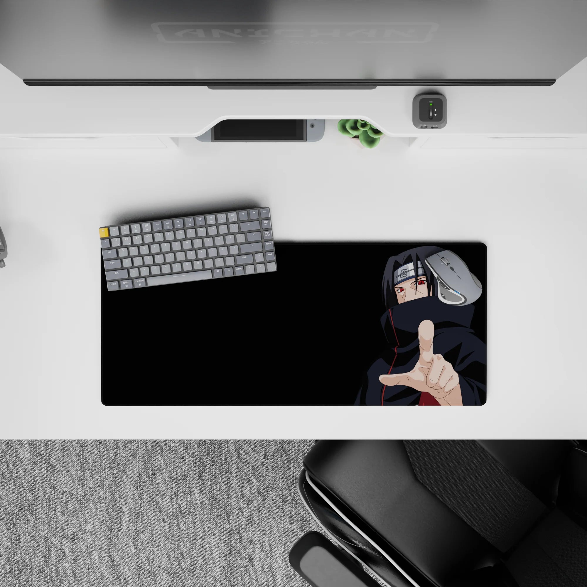 Dark black and red anime mouse pad 28x12 inches, calm dangerous vibe with crisp Akatsuki accents.