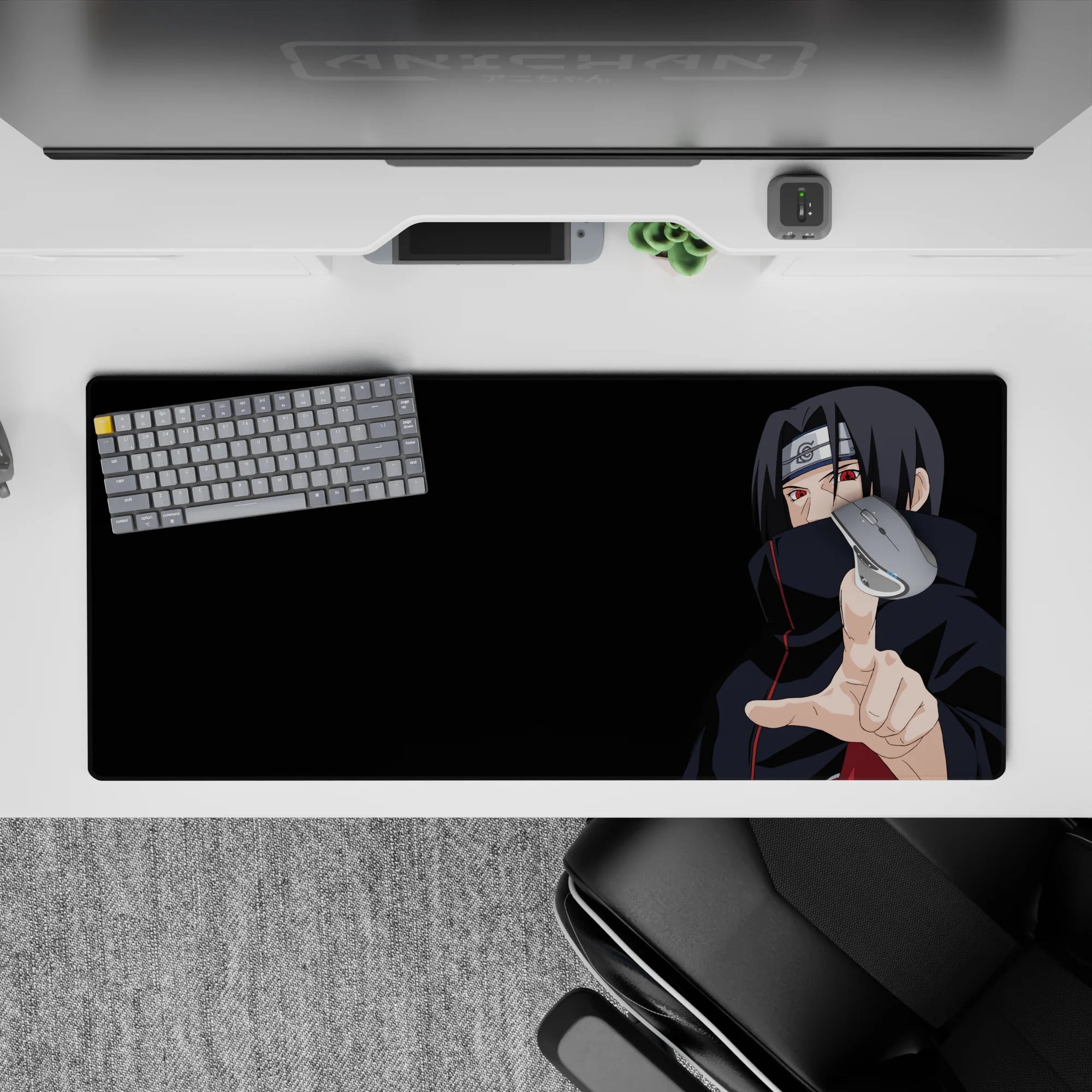 Dark black anime desk pad 36x16 inches with crisp red accents and intense Sharingan mood.