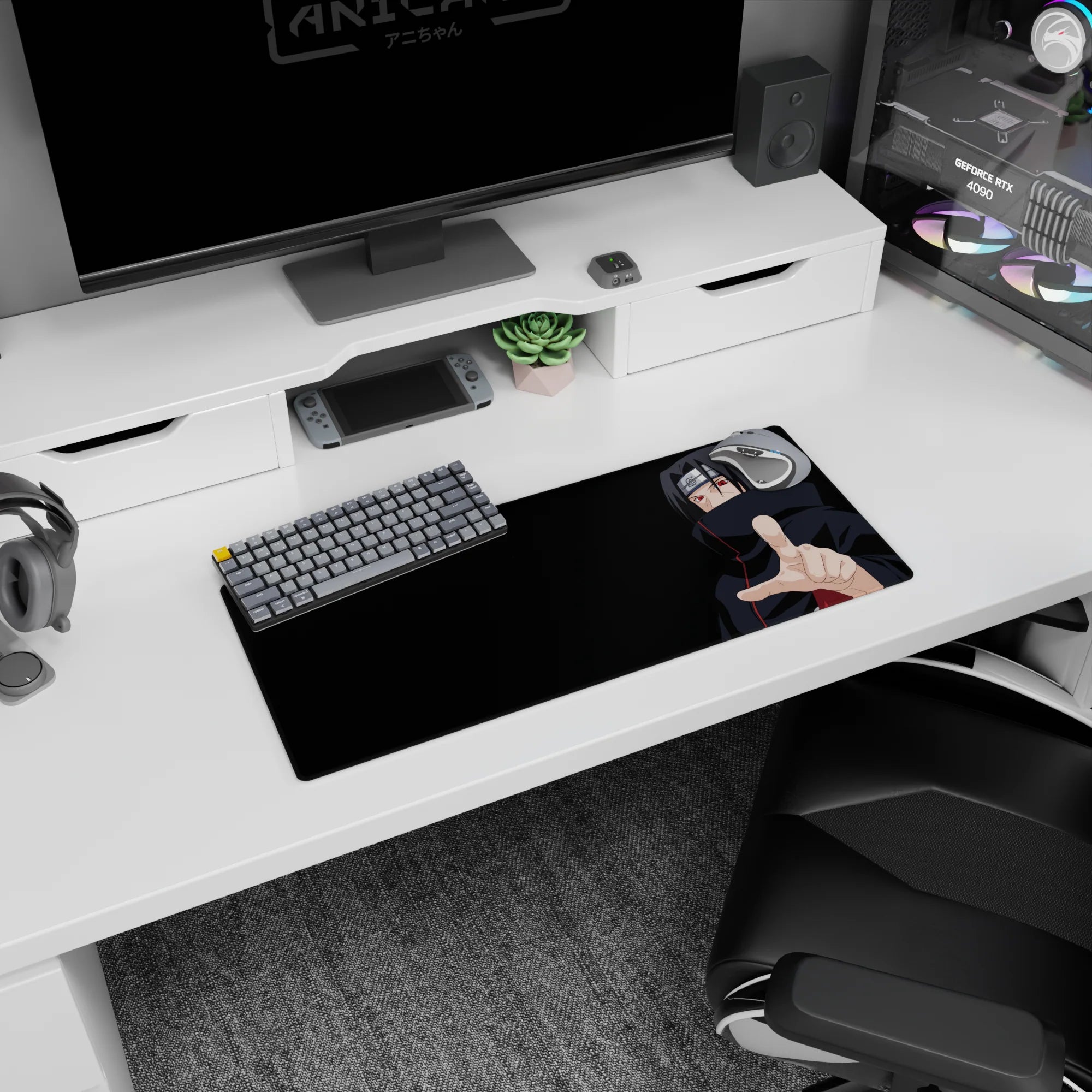 Itachi Uchiha reaching out on a 28x12 inches anime mouse pad, intense Sharingan stare on black.