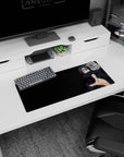 Itachi Uchiha reaching out on a 28x12 inches anime mouse pad, intense Sharingan stare on black.