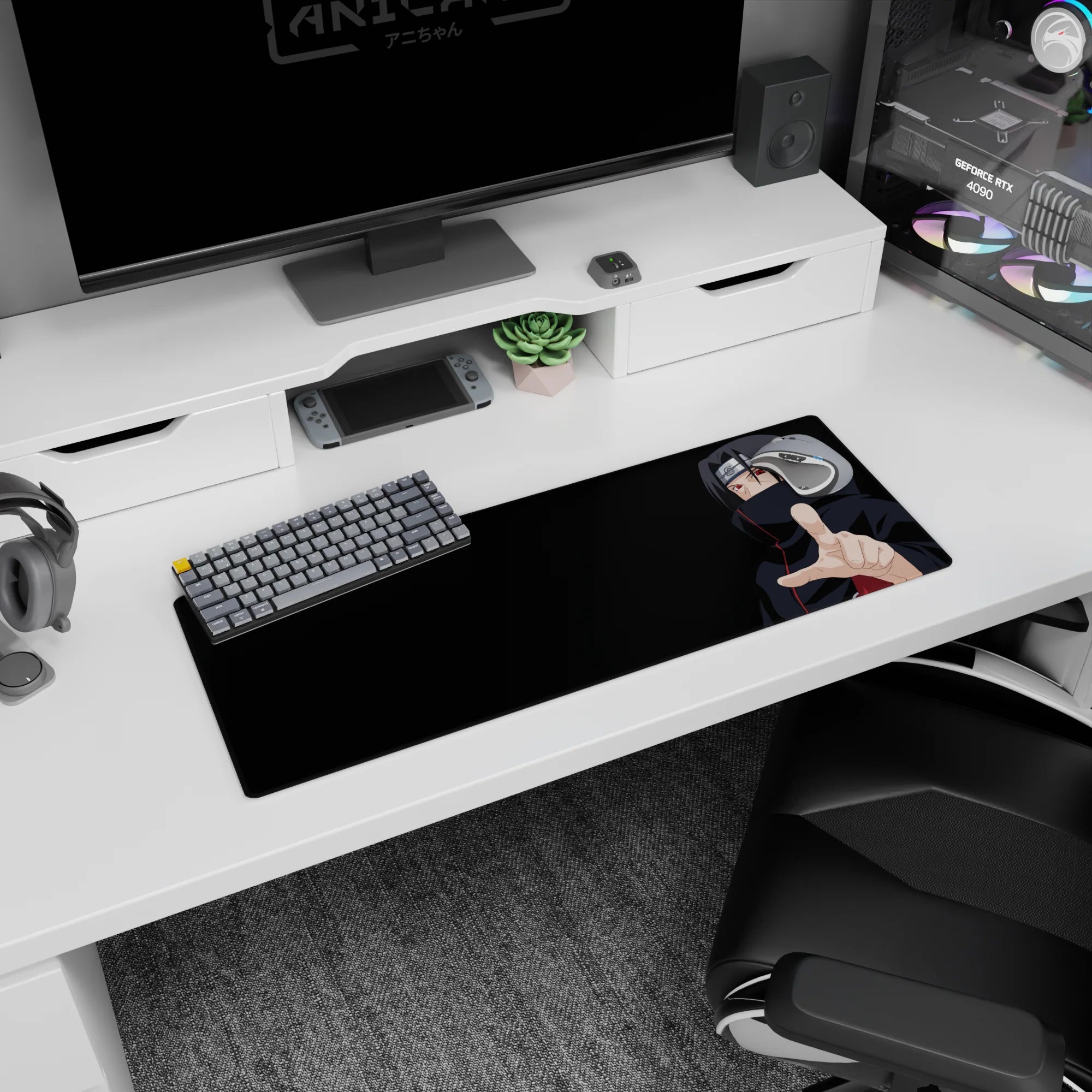 Itachi Uchiha reaching out on a 32x12 inches anime mouse pad, calm stare and glowing Sharingan eyes.
