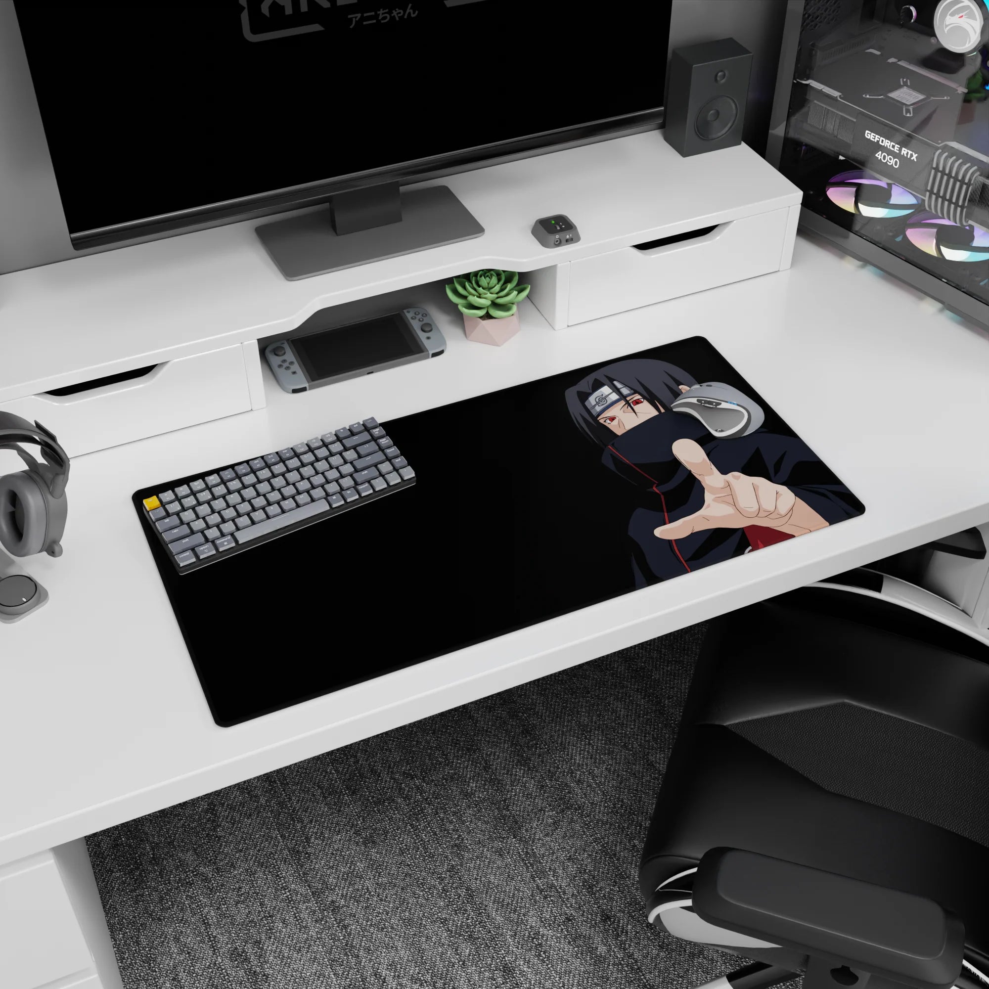 32x16 inches Itachi reaching out mouse pad with calm, dangerous stare and sharp Sharingan eyes.