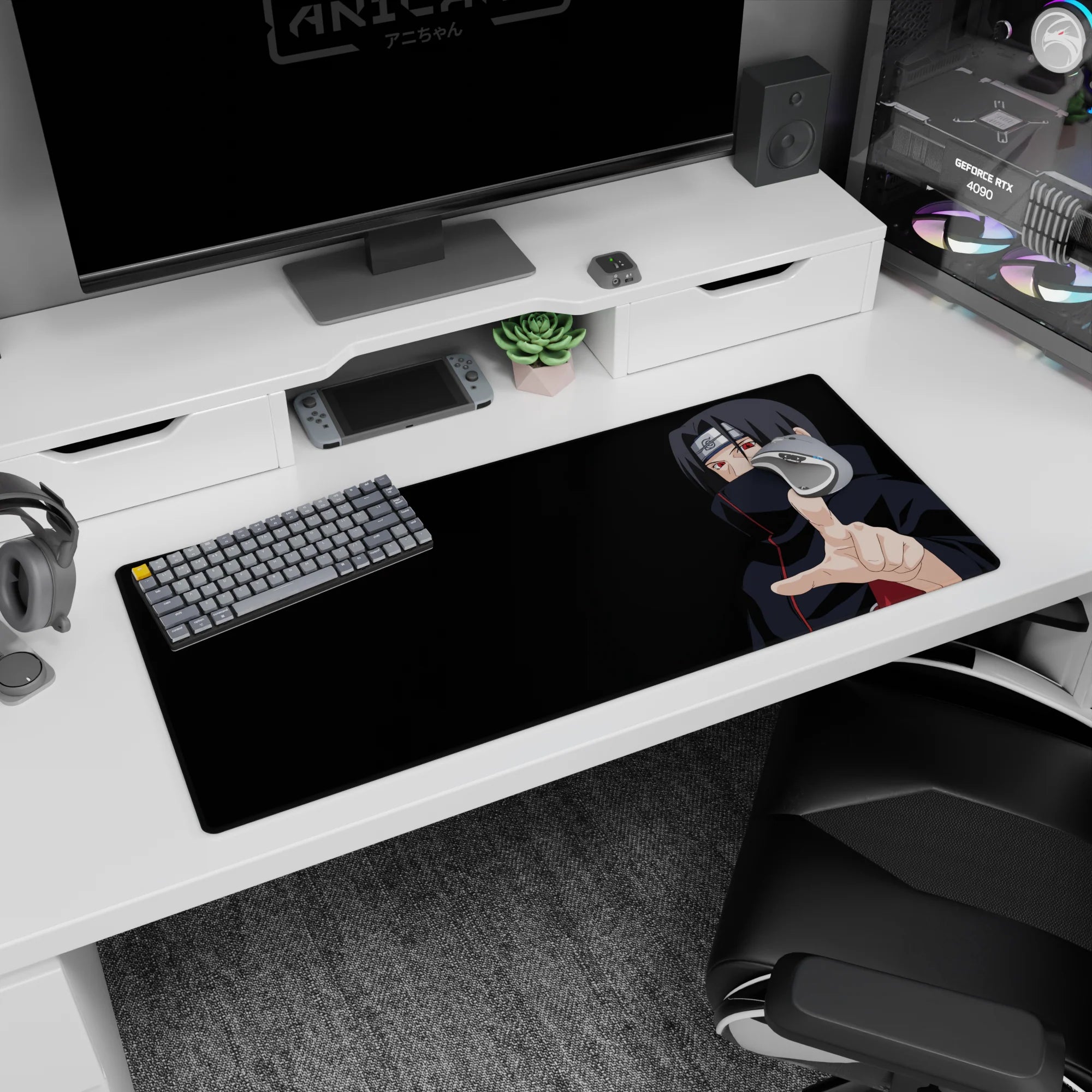 Itachi Uchiha reaching out on an anime desk pad 36x16 inches, calm gaze with glowing Sharingan eyes.