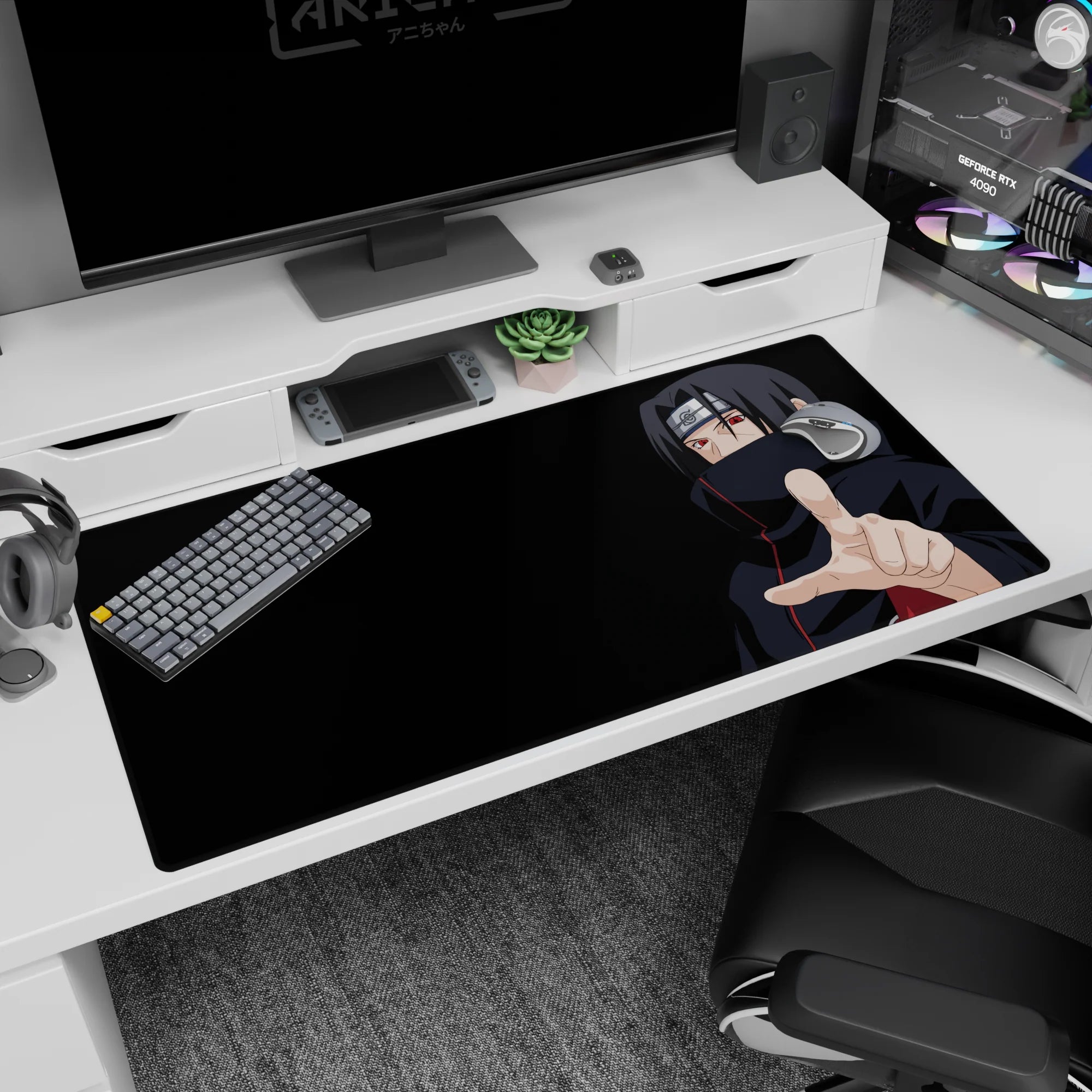 Itachi Uchiha reaching out scene on a 40x20 inches anime desk pad, calm dangerous Naruto vibe.
