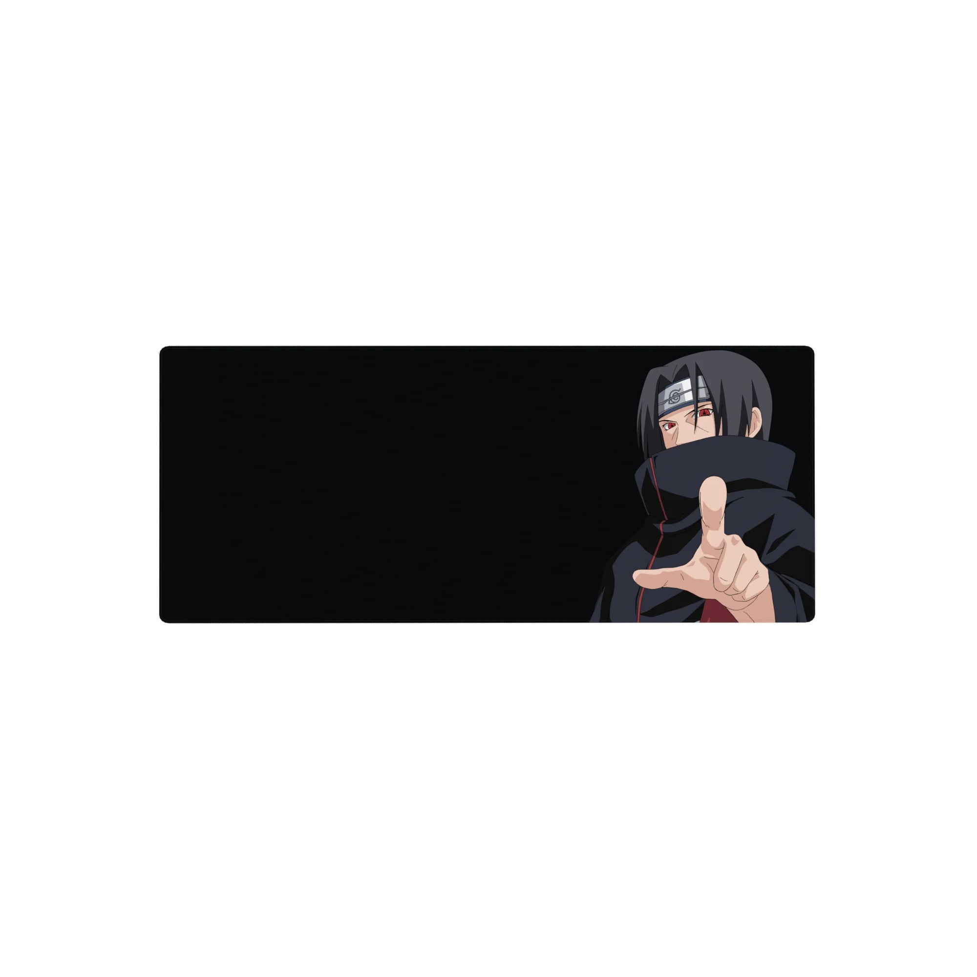 Naruto anime mouse pad 28x12 inches with Itachi Uchiha, Akatsuki cloak, and Sharingan eyes.