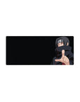 Naruto anime mouse pad 28x12 inches with Itachi Uchiha, Akatsuki cloak, and Sharingan eyes.