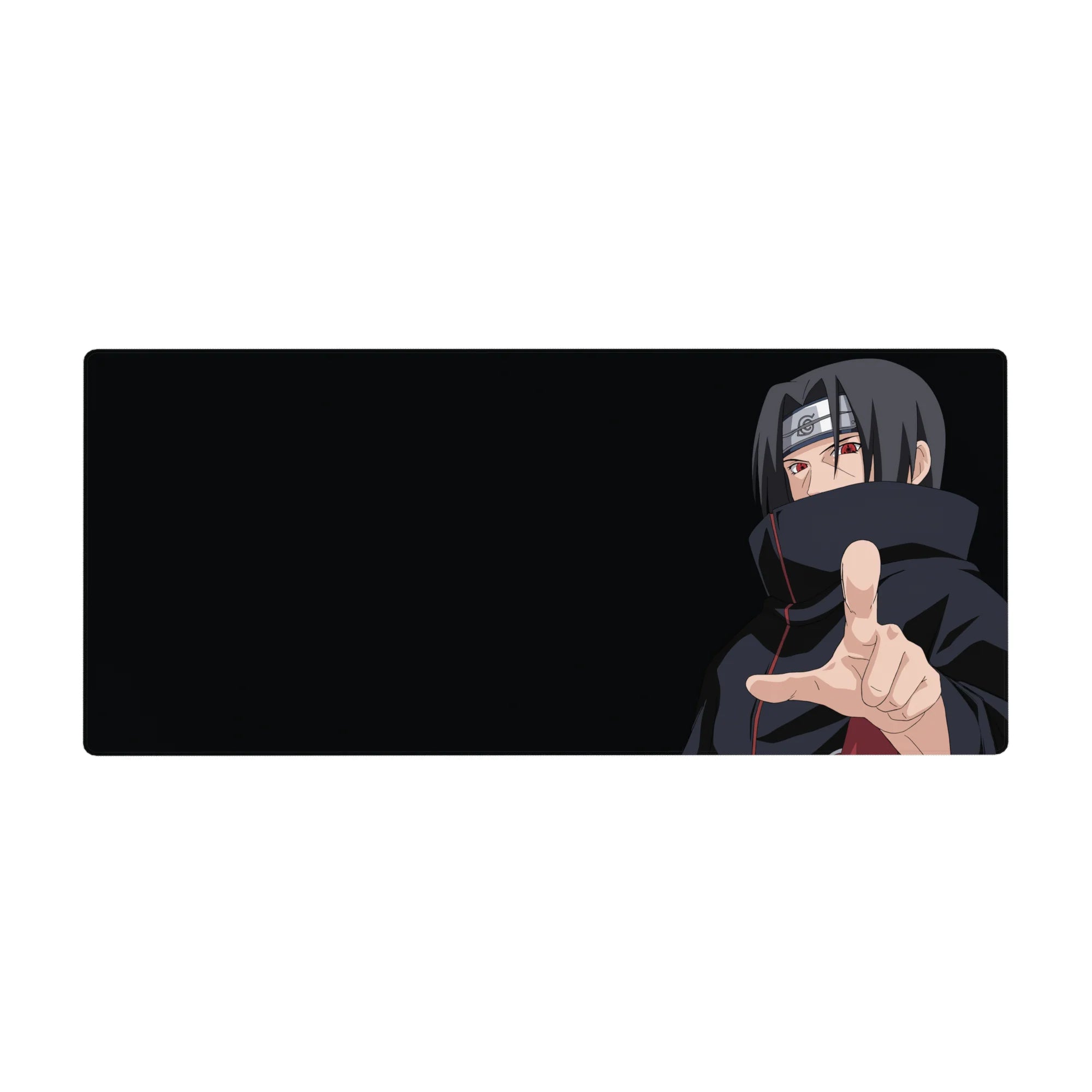Naruto Itachi anime desk pad 36x16 inches with Akatsuki cloak details and smooth mouse tracking.